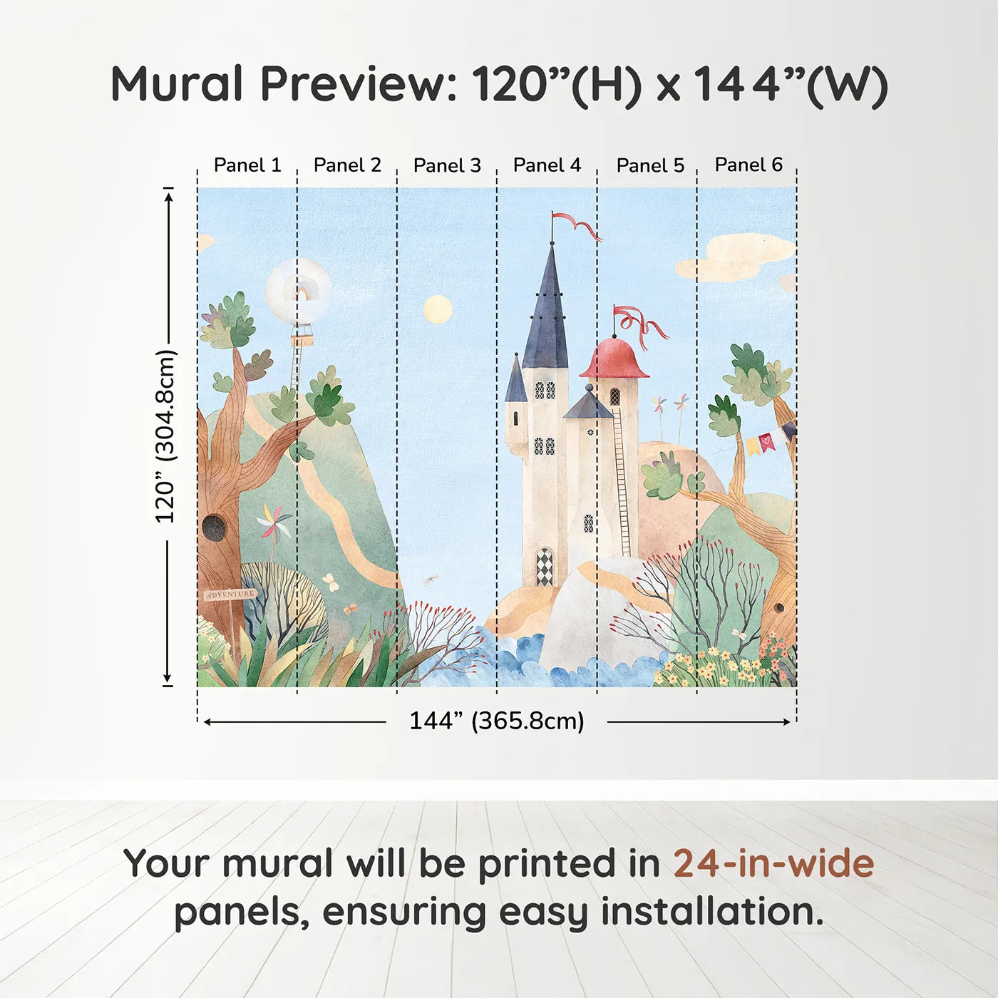 Whimsy Tots Whimsical Castle Village Wall Muraldimension view (120" H x 144" W). Printed in six 24-inch-wide panels. Gender-Neutral