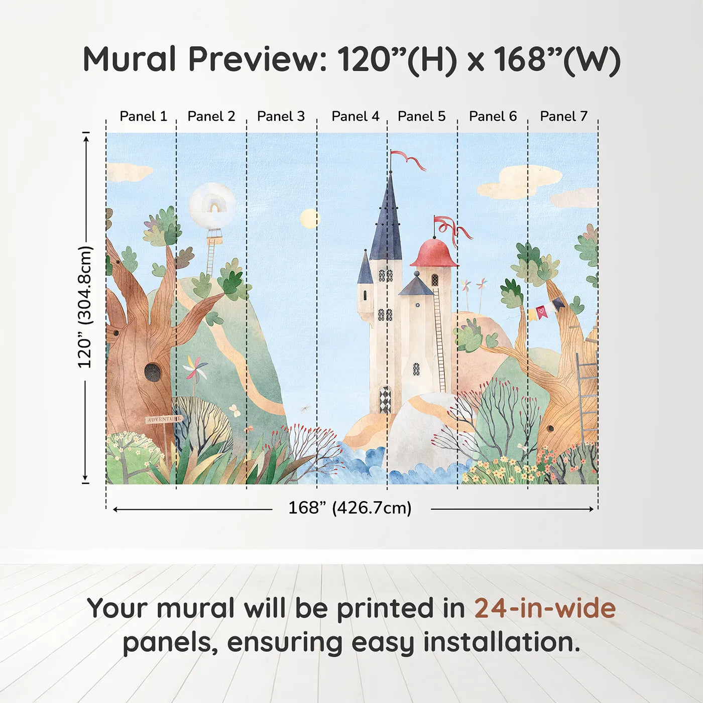 Whimsy Tots Whimsical Castle Village Wall Muraldimension view (120" H x 168" W). Printed in seven 24-inch-wide panels. Gender-Neutral