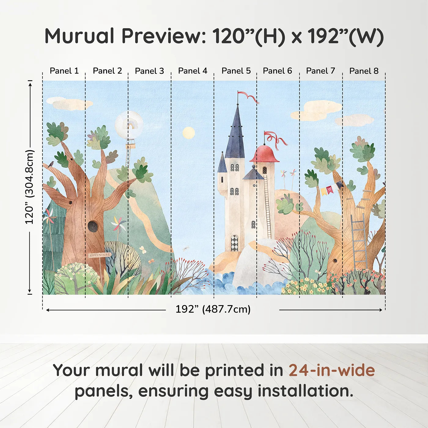 Whimsy Tots Whimsical Castle Village Wall Muraldimension view (120" H x 192" W). Printed in eight 24-inch-wide panels. Gender-Neutral