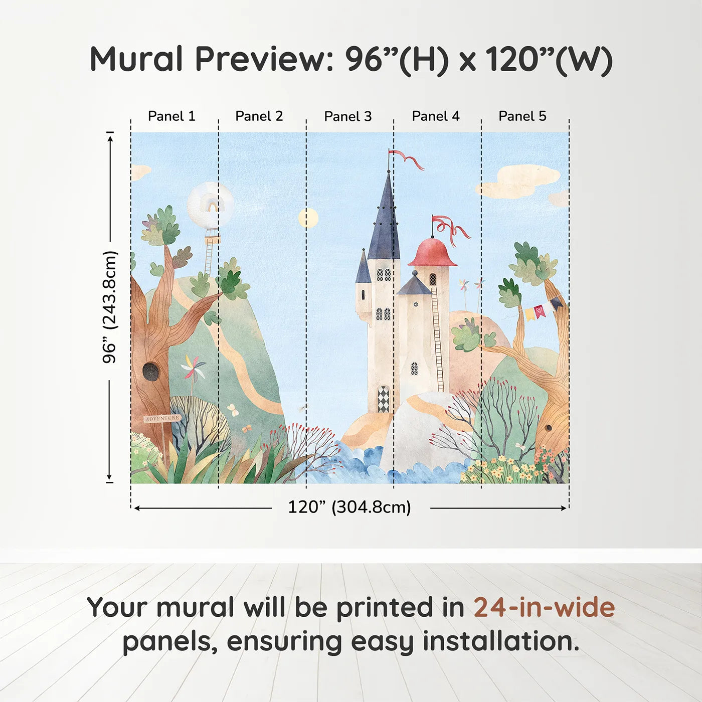 Whimsy Tots Whimsical Castle Village Wall Muraldimension view (96" H x 120" W). Printed in five 24-inch-wide panels. Gender-Neutral