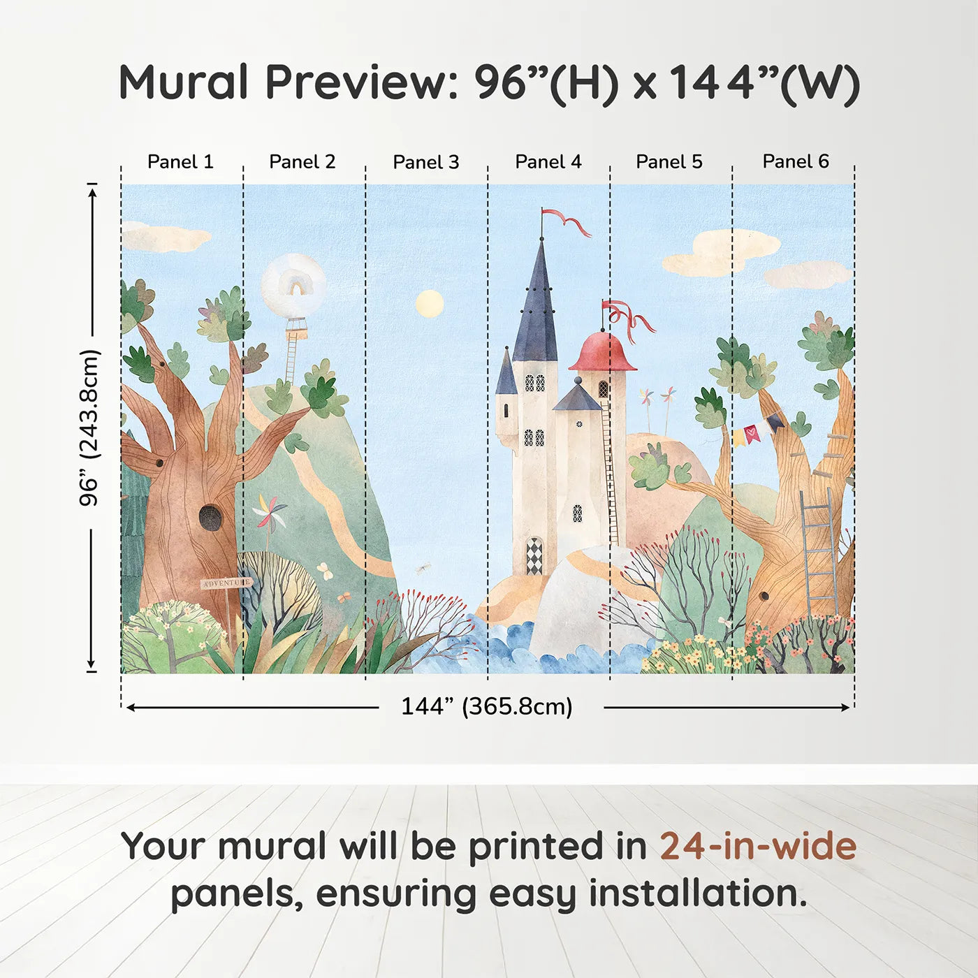 Whimsy Tots Whimsical Castle Village Wall Muraldimension view (96" H x 144" W). Printed in six 24-inch-wide panels. Gender-Neutral