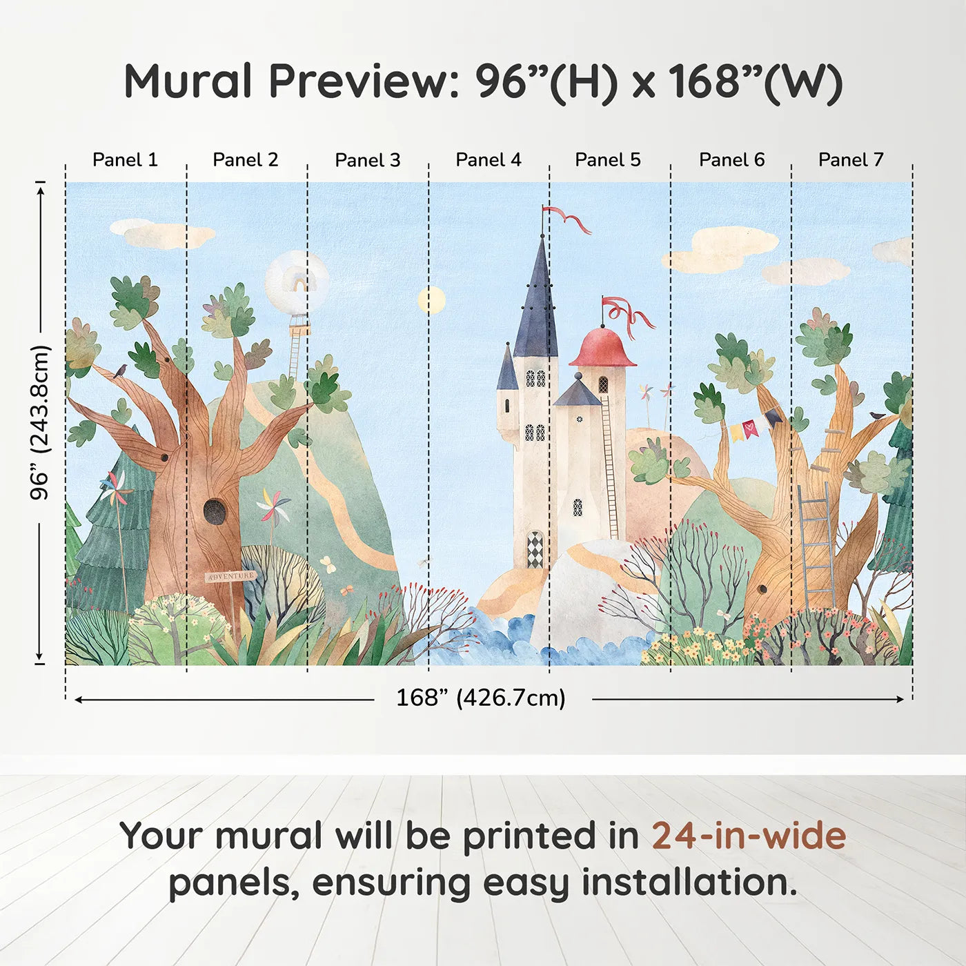 Whimsy Tots Whimsical Castle Village Wall Muraldimension view (96" H x 168" W). Printed in seven 24-inch-wide panels. Gender-Neutral