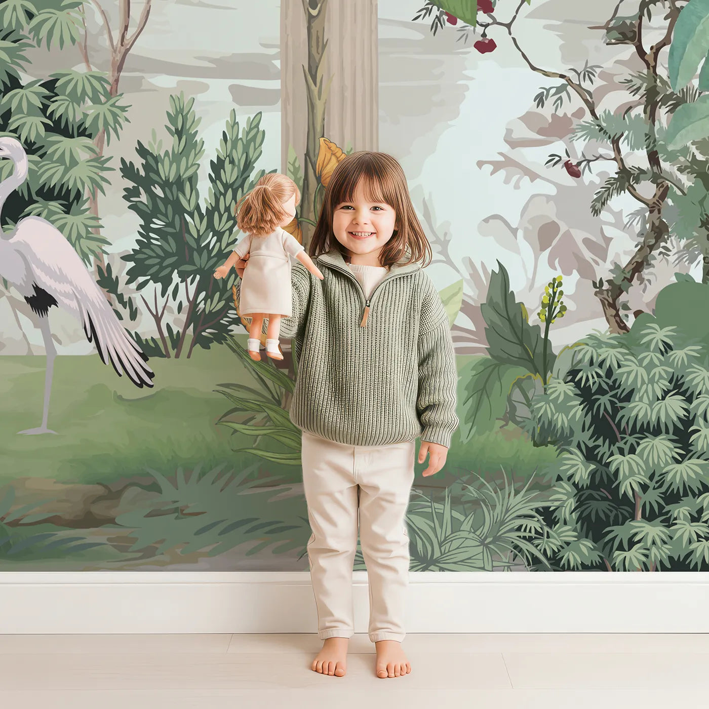 Child in front of Whimsy Tots Peacock Palace Wall Mural with chinoiserie, vintage, peacock, bird, exotic, tropical, classic, garden in design.