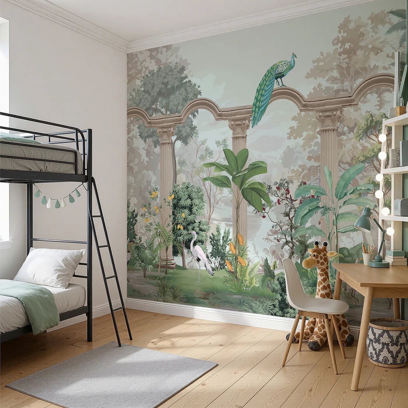 Angled view of Whimsy Tots' Peacock Palace Wall Mural (Turn Their Room into a Grand and Elegant Garden).Gender-Neutral