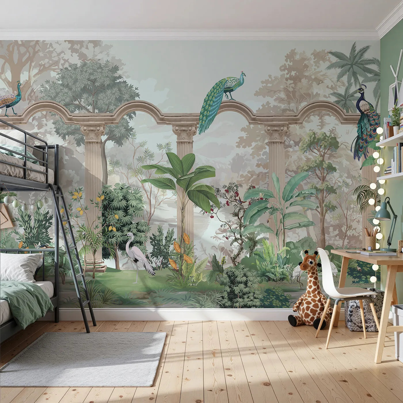 Front view of Whimsy Tots' Peacock Palace Wall Mural