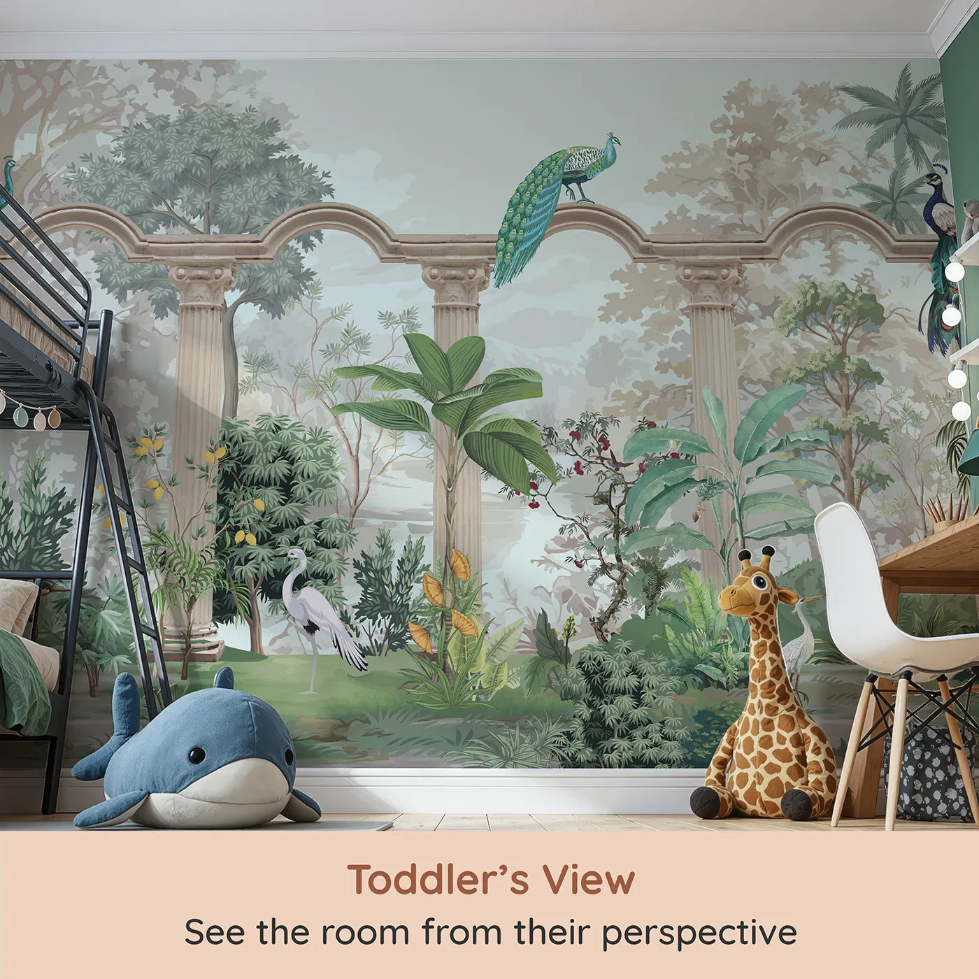Whimsy Tots Peacock Palace Wall Mural (Turn Their Room into a Grand and Elegant Garden) from your child's view.Gender-Neutral