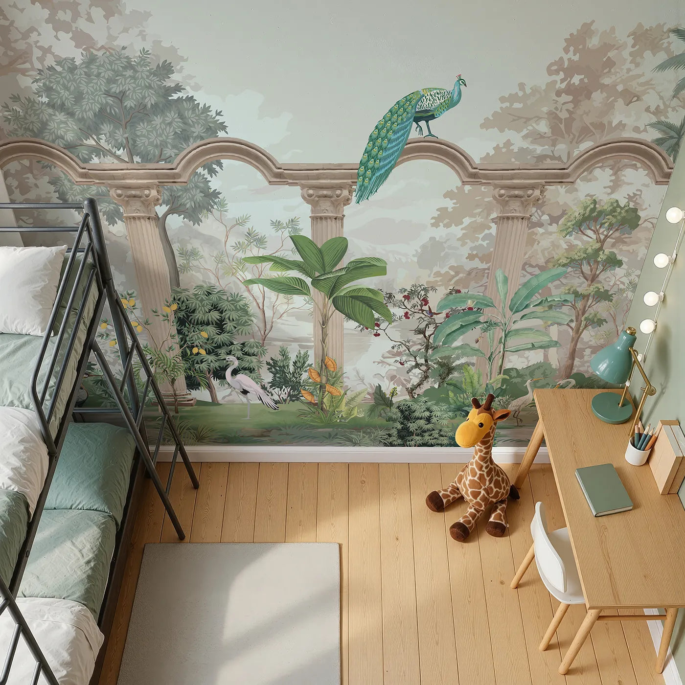 Top-down view of Whimsy Tots' Peacock Palace Wall Mural (Turn Their Room into a Grand and Elegant Garden).Gender-Neutral