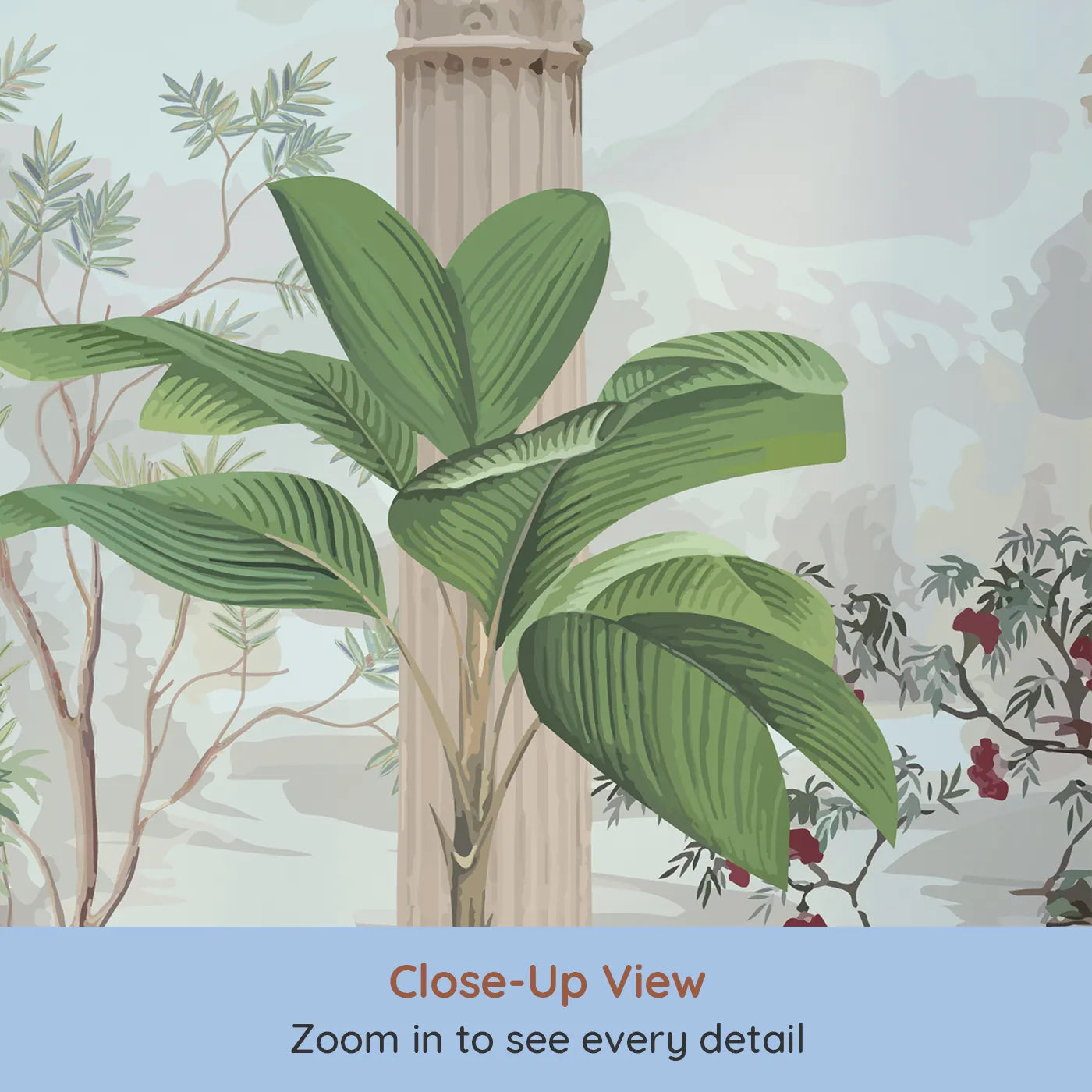 Close-up view of Whimsy Tots' Peacock Palace Wall Mural (Turn Their Room into a Grand and Elegant Garden).Gender-Neutral