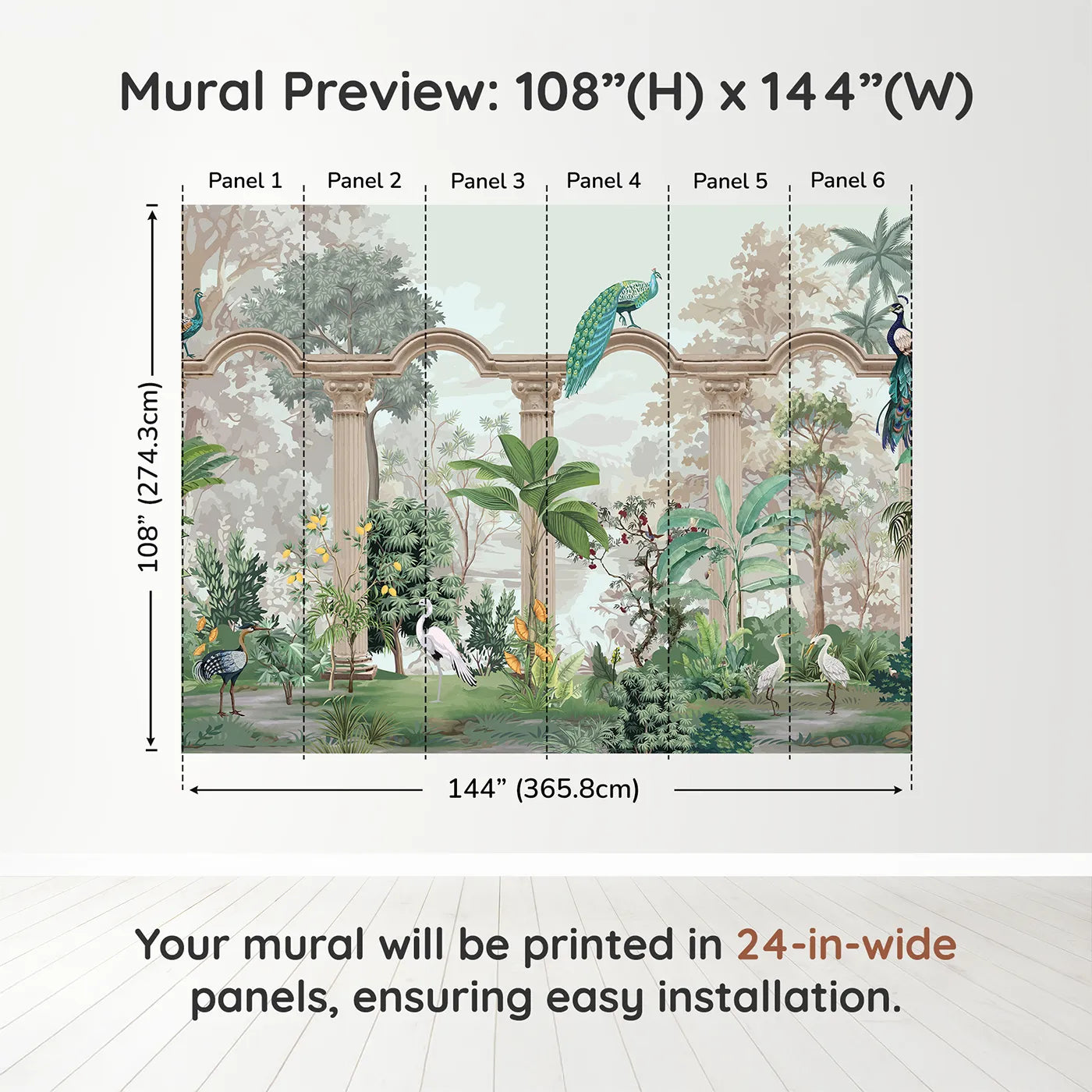 Whimsy Tots Peacock Palace Wall Muraldimension view (108" H x 144" W). Printed in six 24-inch-wide panels. Gender-Neutral