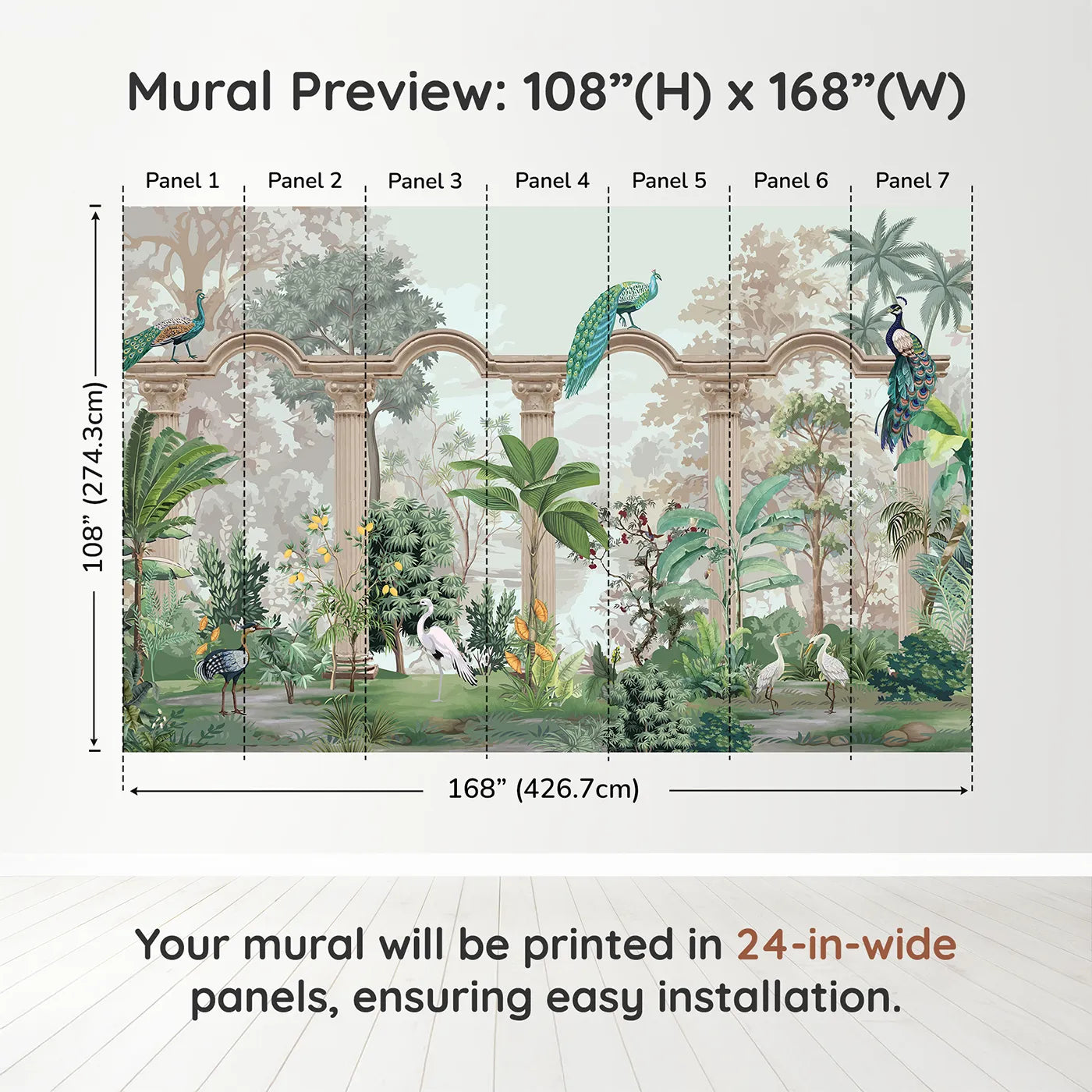 Whimsy Tots Peacock Palace Wall Muraldimension view (108" H x 168" W). Printed in seven 24-inch-wide panels. Gender-Neutral