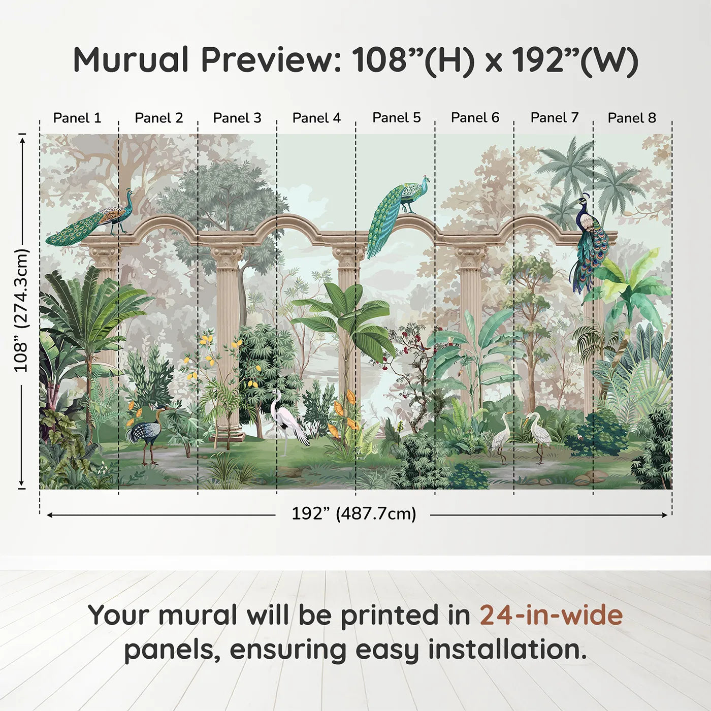Whimsy Tots Peacock Palace Wall Muraldimension view (108" H x 192" W). Printed in eight 24-inch-wide panels. Gender-Neutral