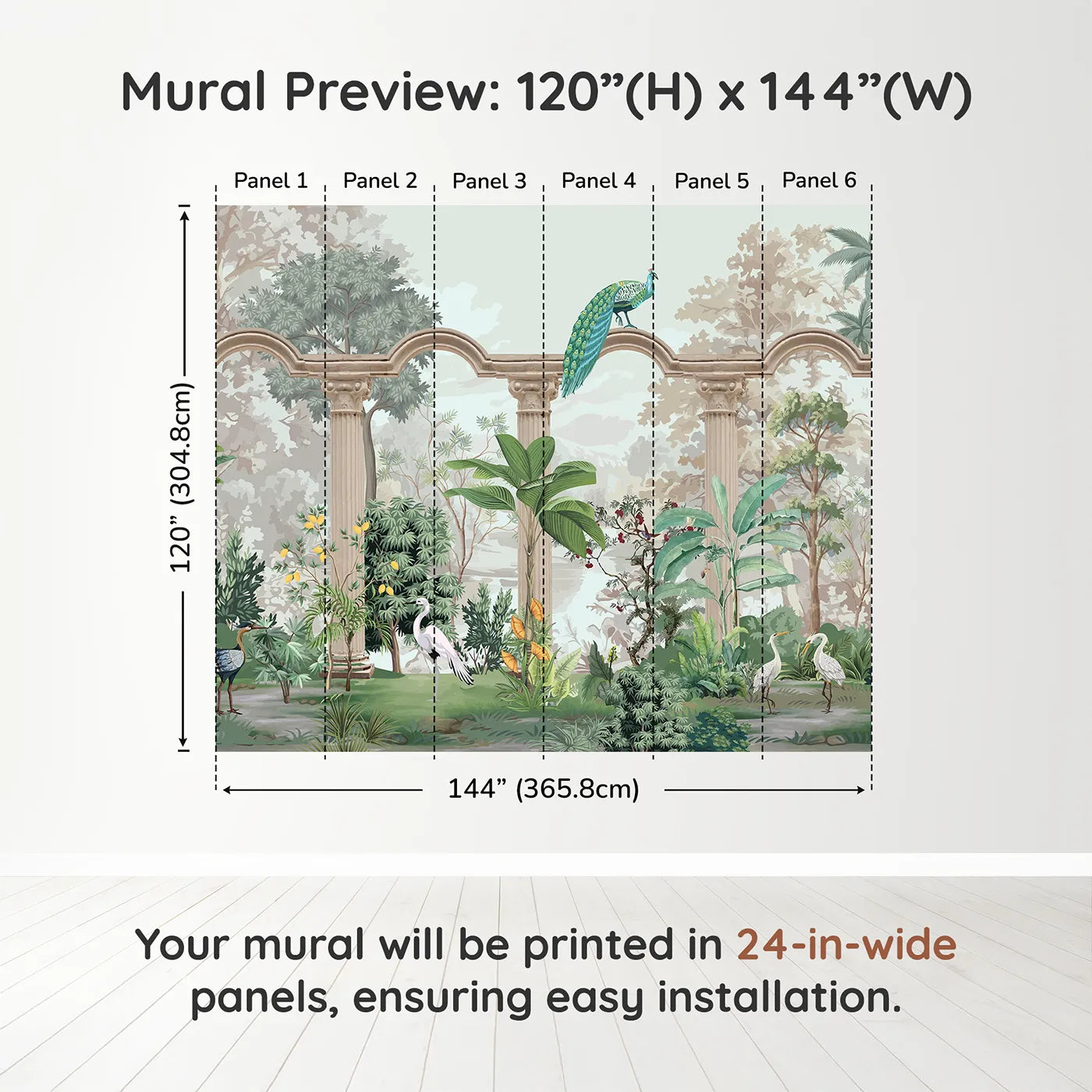 Whimsy Tots Peacock Palace Wall Muraldimension view (120" H x 144" W). Printed in six 24-inch-wide panels. Gender-Neutral