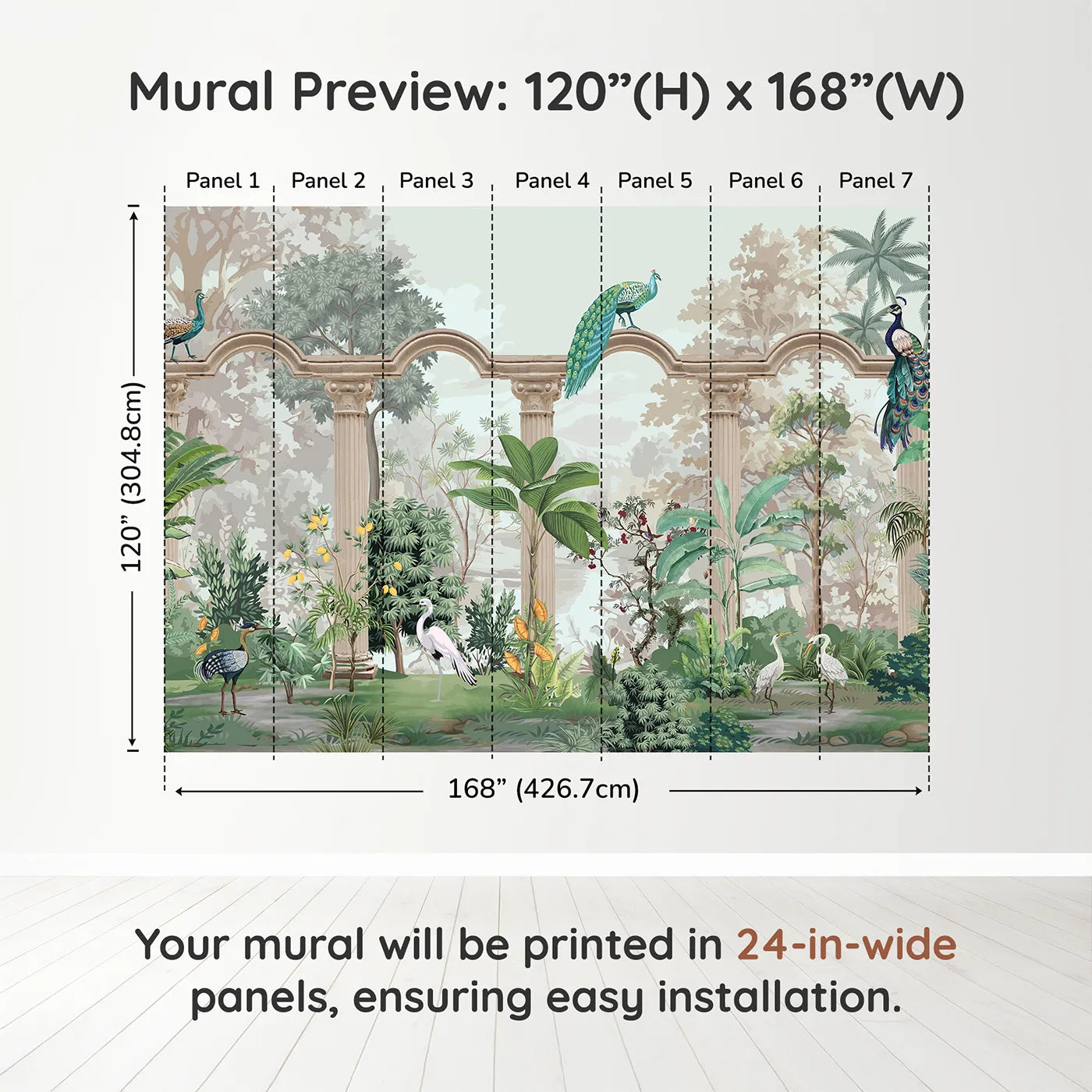 Whimsy Tots Peacock Palace Wall Muraldimension view (120" H x 168" W). Printed in seven 24-inch-wide panels. Gender-Neutral
