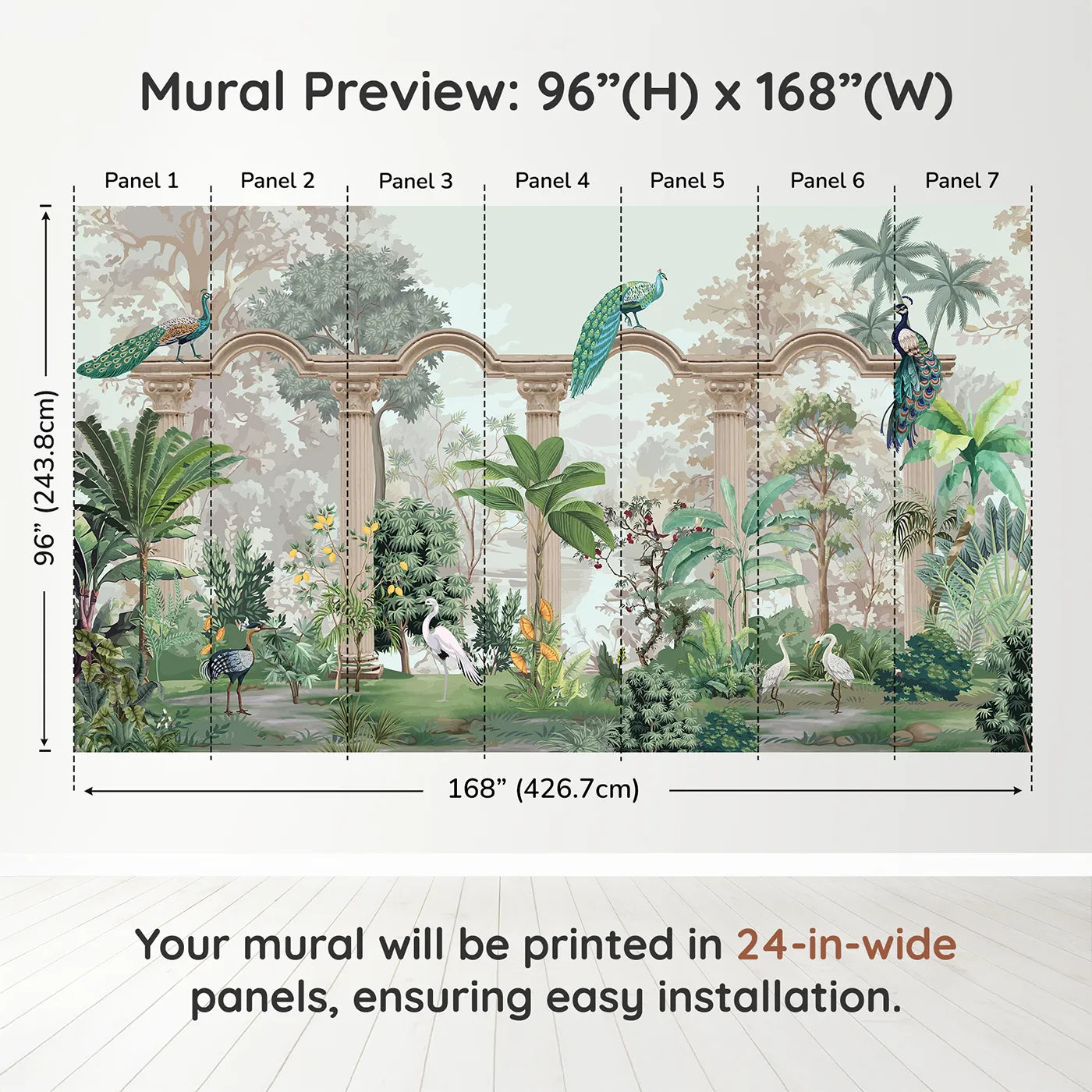 Whimsy Tots Peacock Palace Wall Muraldimension view (96" H x 168" W). Printed in seven 24-inch-wide panels. Gender-Neutral