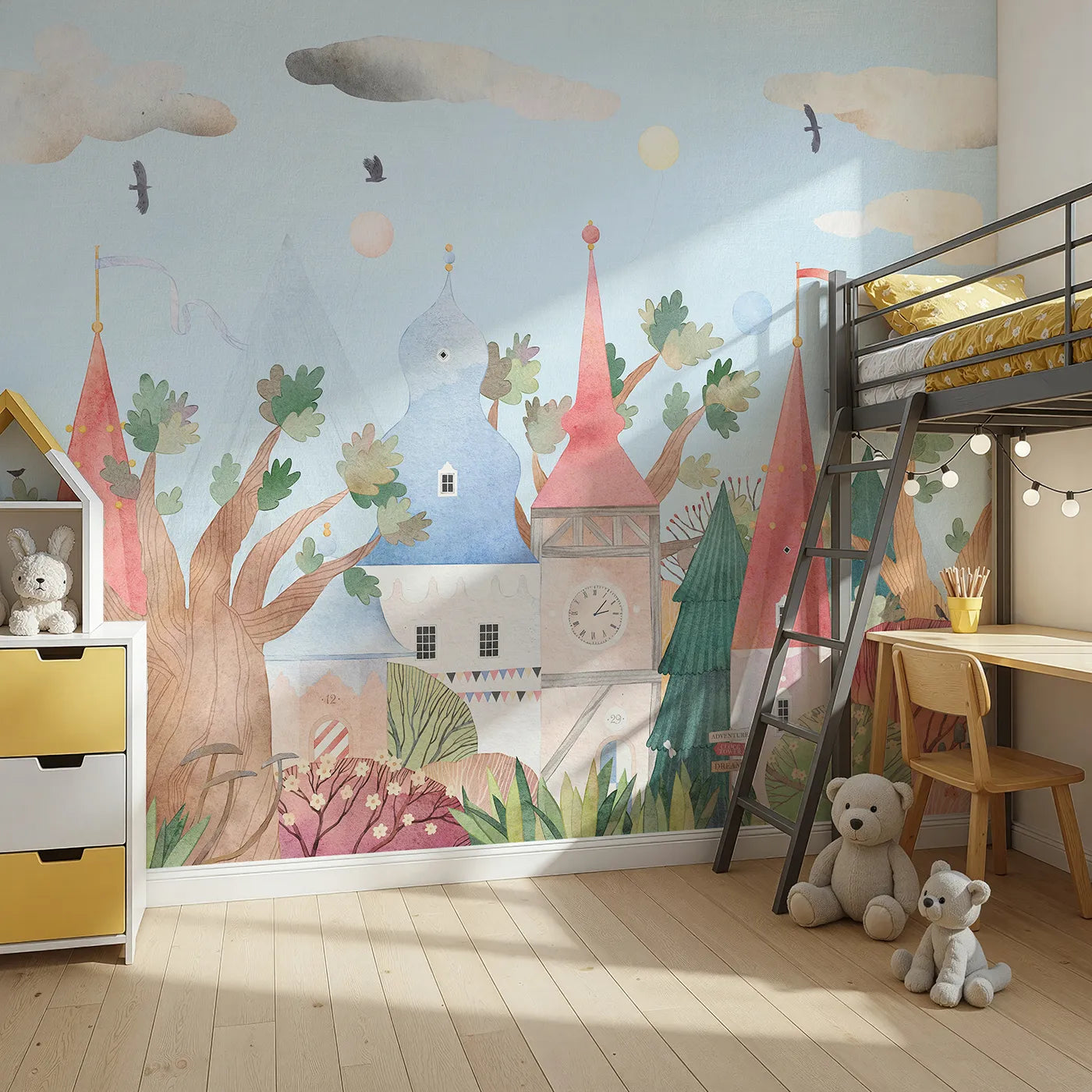 Angled view of Whimsy Tots' Whimsical Village Wall Mural (Turn Their Room into a Whimsical, Storybook Town).Gender-Neutral