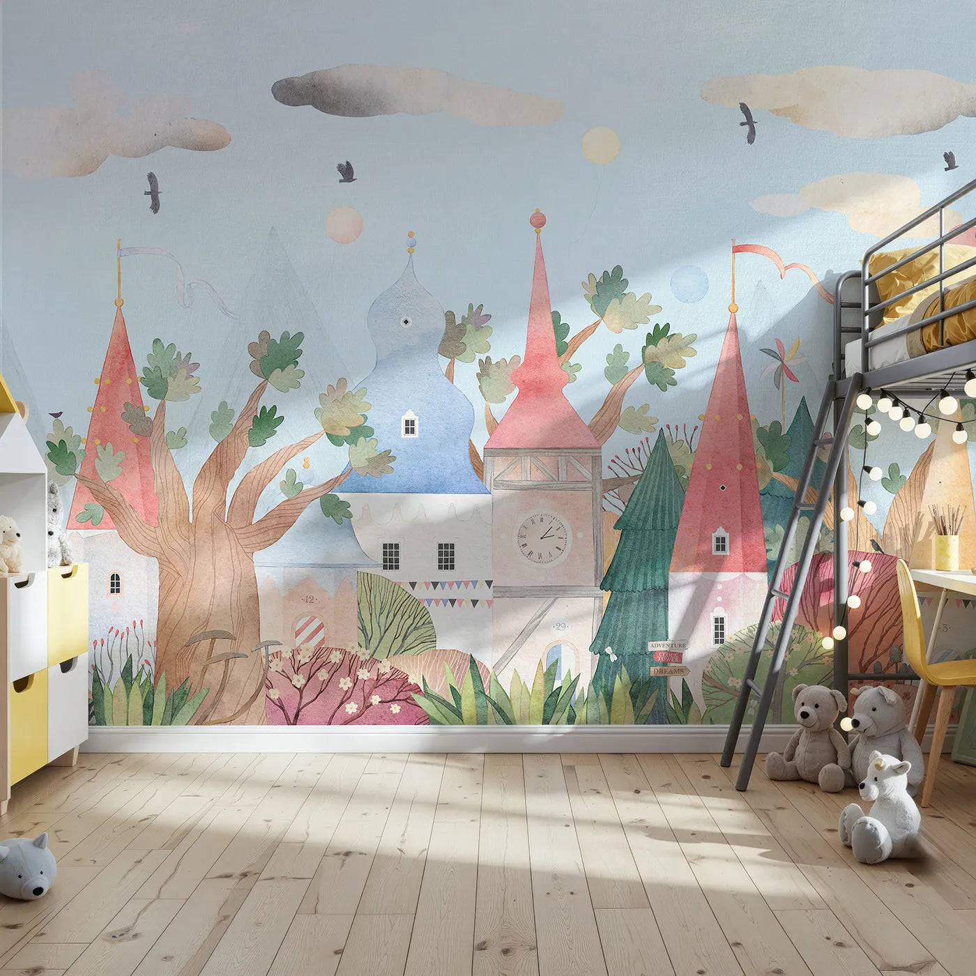 Front view of Whimsy Tots' Whimsical Village Wall Mural