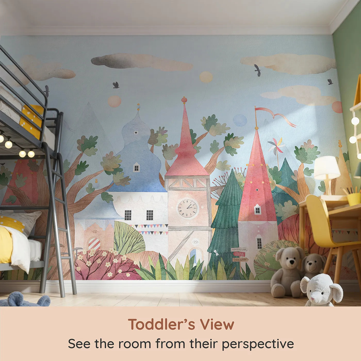 Whimsy Tots Whimsical Village Wall Mural (Turn Their Room into a Whimsical, Storybook Town) from your child's view.Gender-Neutral