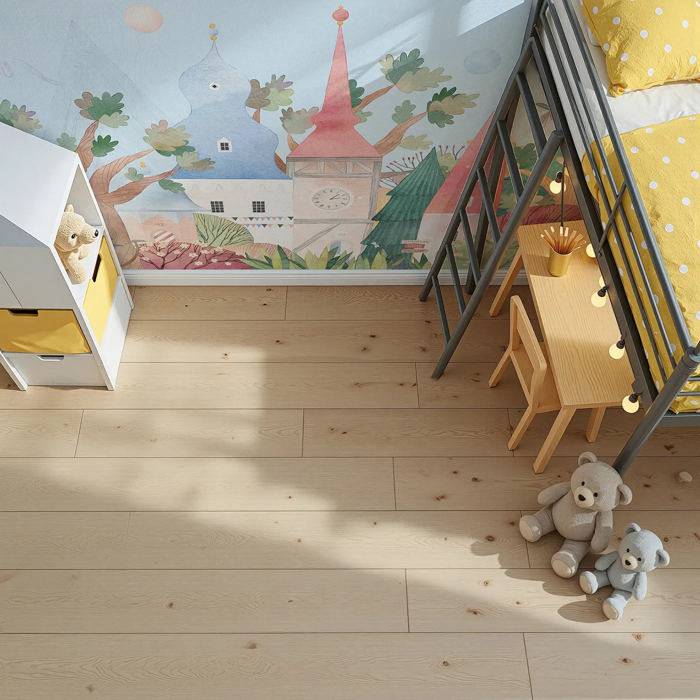 Top-down view of Whimsy Tots' Whimsical Village Wall Mural (Turn Their Room into a Whimsical, Storybook Town).Gender-Neutral