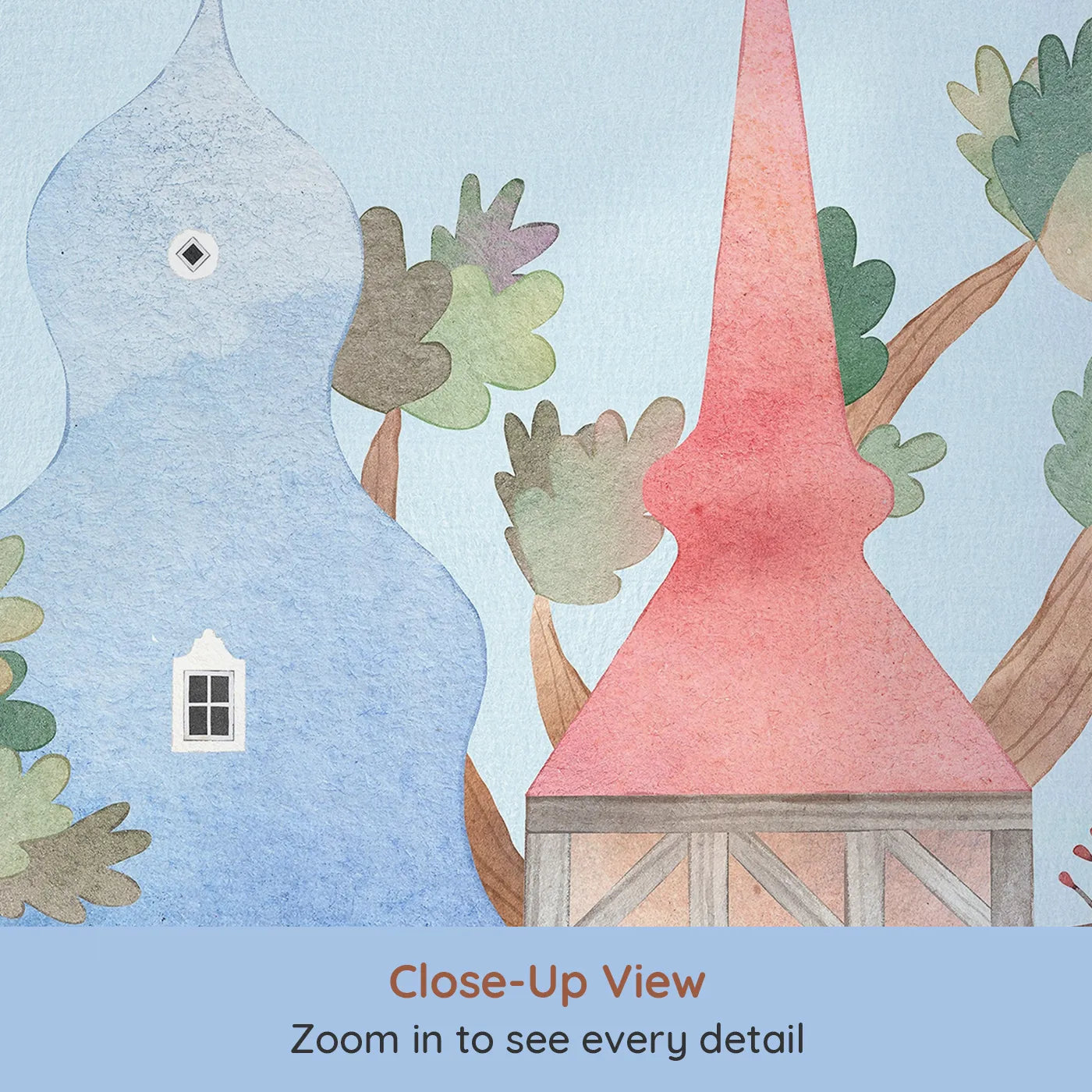 Close-up view of Whimsy Tots' Whimsical Village Wall Mural (Turn Their Room into a Whimsical, Storybook Town).Gender-Neutral