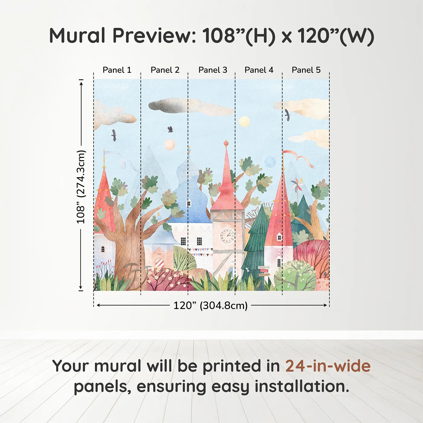 Whimsy Tots Whimsical Village Wall Muraldimension view (108" H x 120" W). Printed in five 24-inch-wide panels. Gender-Neutral
