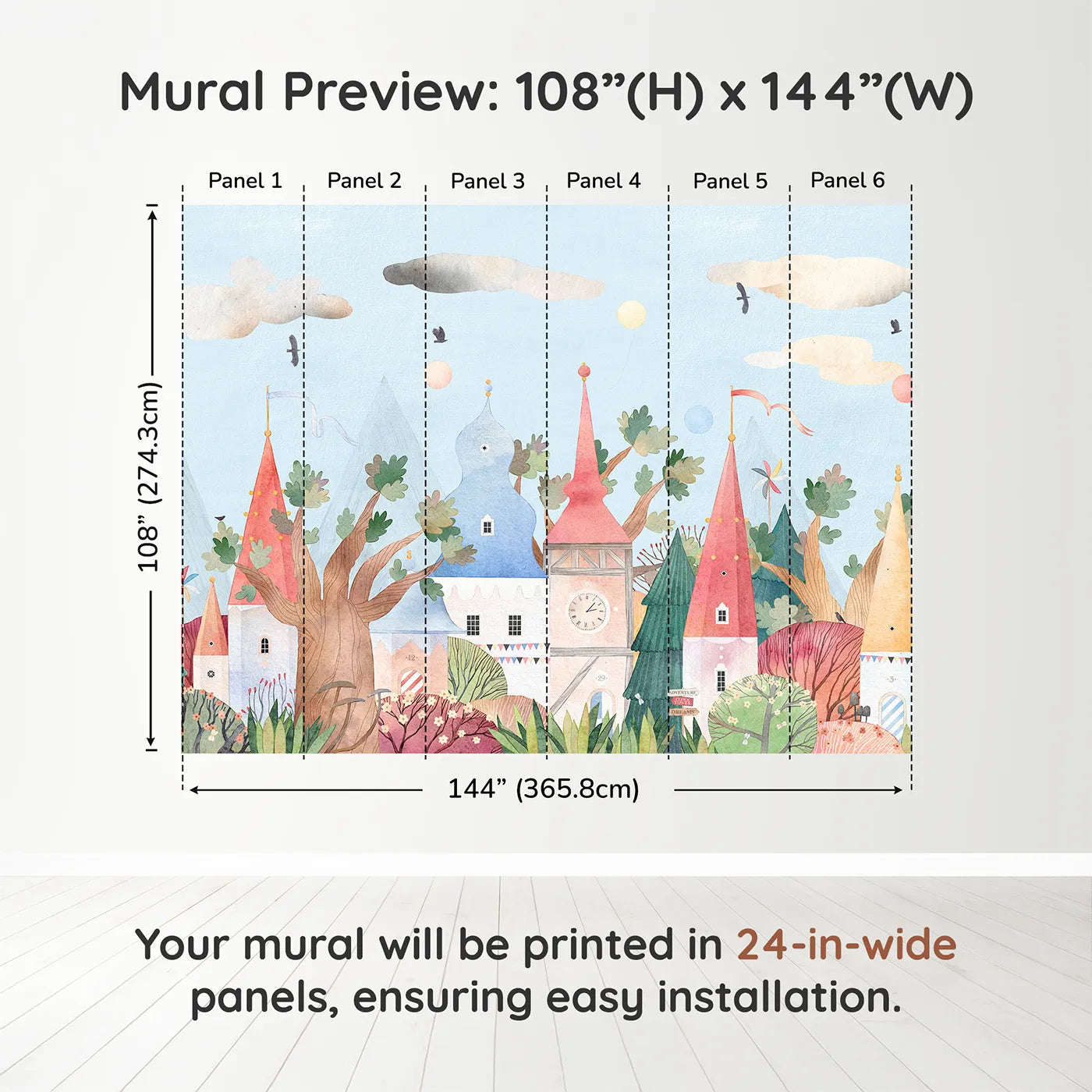 Whimsy Tots Whimsical Village Wall Muraldimension view (108" H x 144" W). Printed in six 24-inch-wide panels. Gender-Neutral