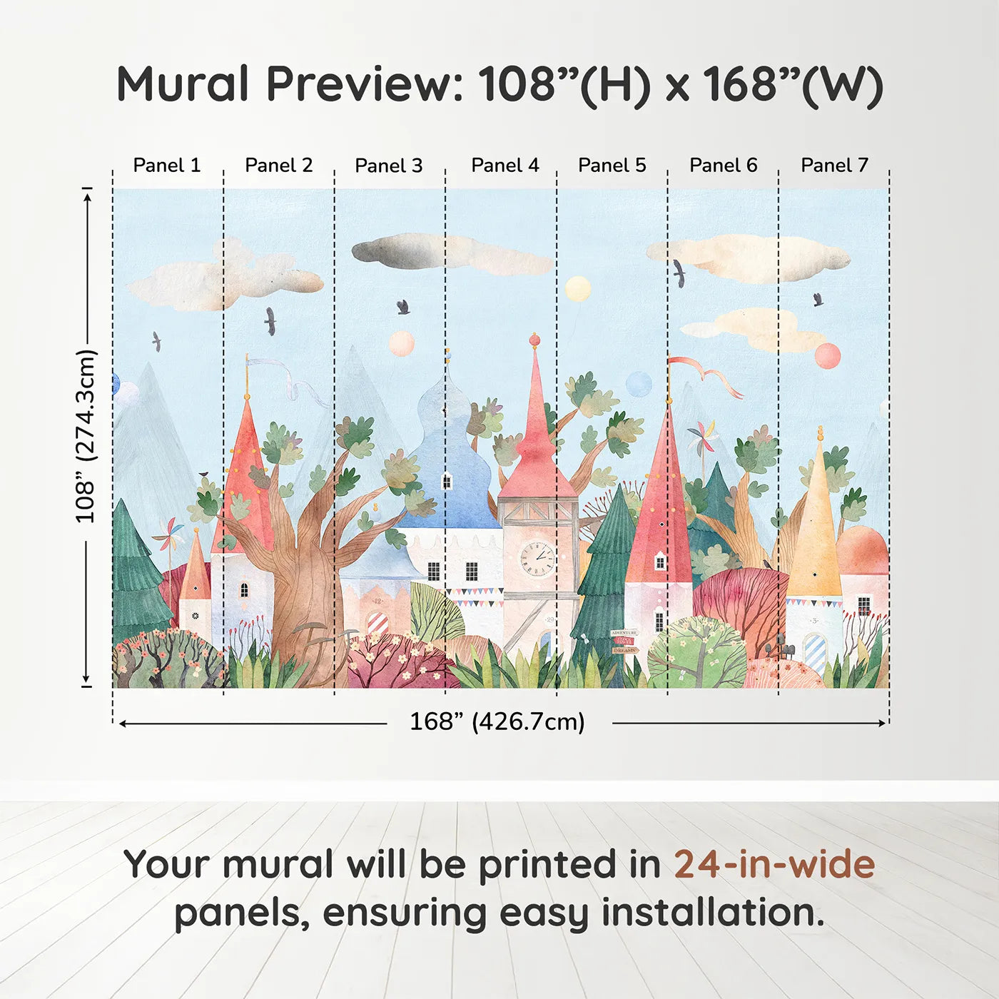 Whimsy Tots Whimsical Village Wall Muraldimension view (108" H x 168" W). Printed in seven 24-inch-wide panels. Gender-Neutral