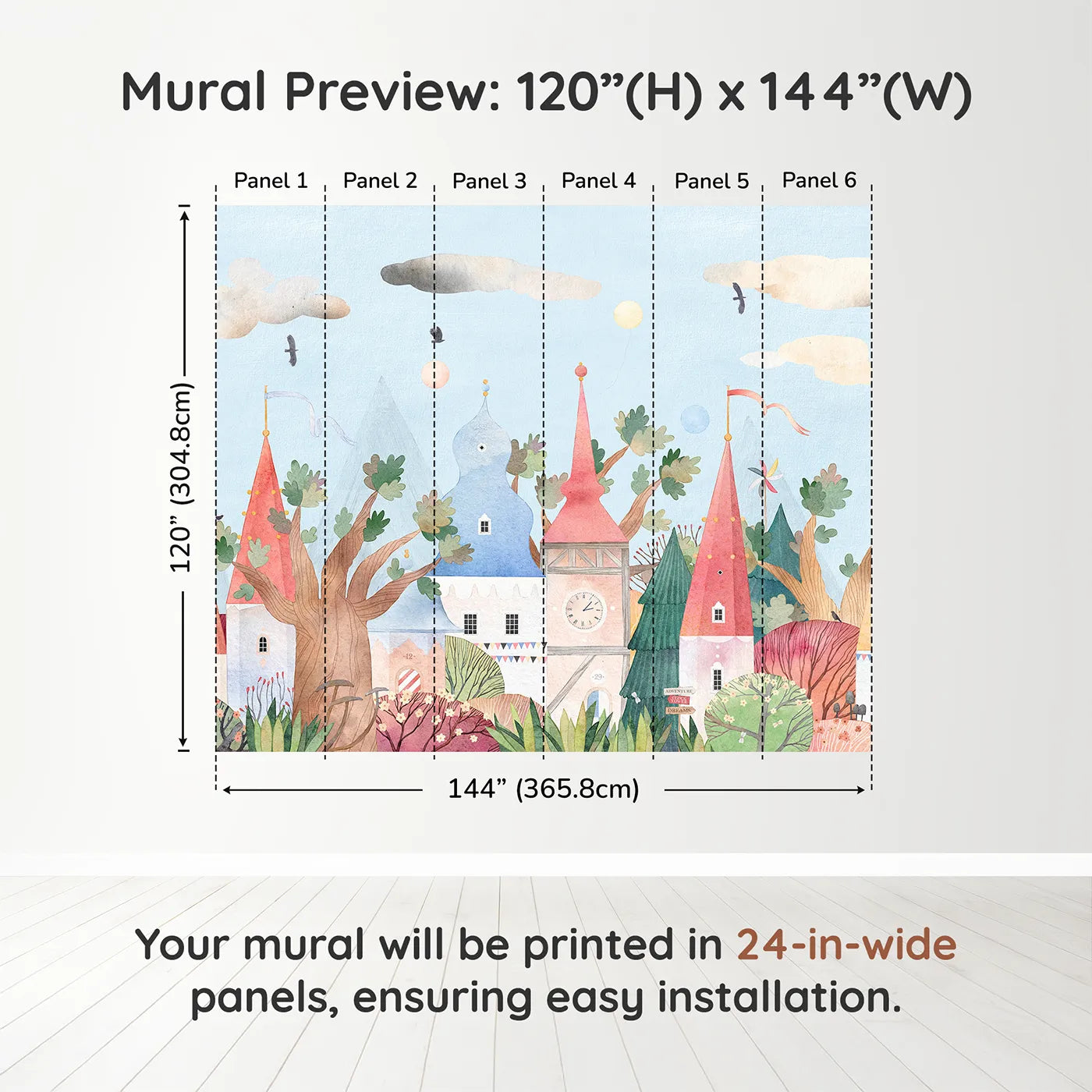 Whimsy Tots Whimsical Village Wall Muraldimension view (120" H x 144" W). Printed in six 24-inch-wide panels. Gender-Neutral