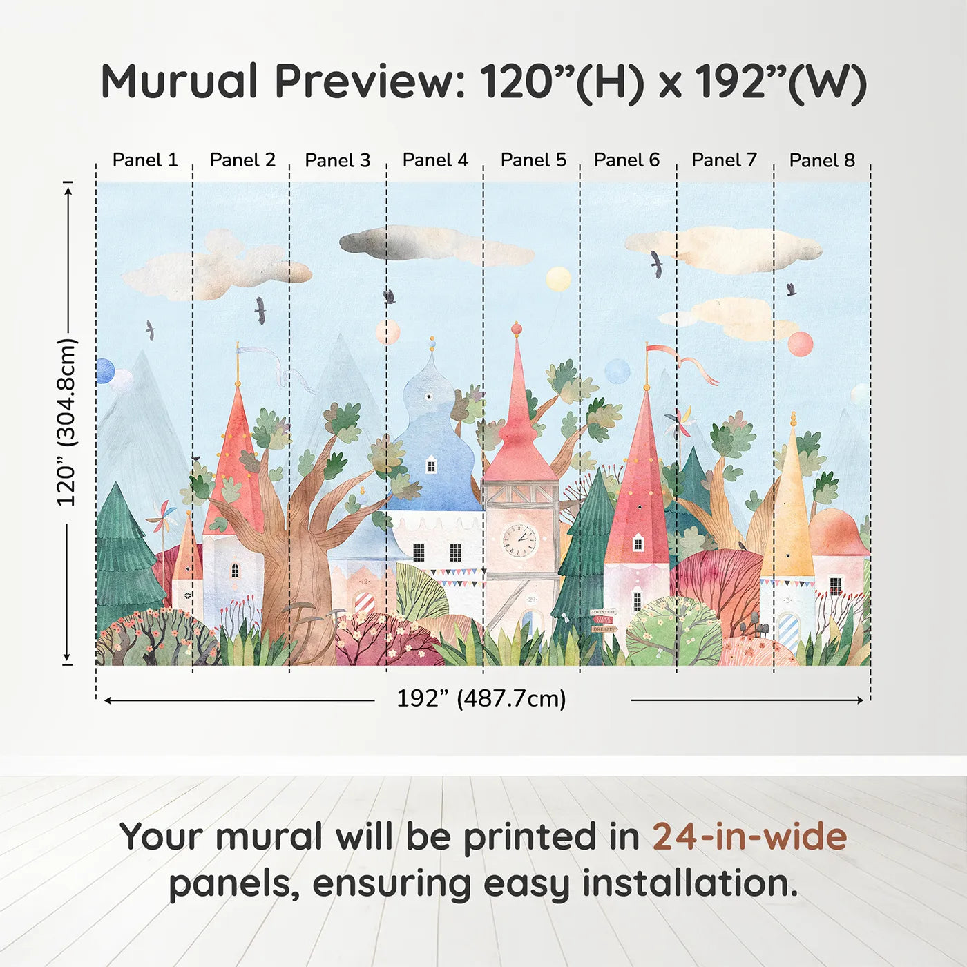 Whimsy Tots Whimsical Village Wall Muraldimension view (120" H x 192" W). Printed in eight 24-inch-wide panels. Gender-Neutral