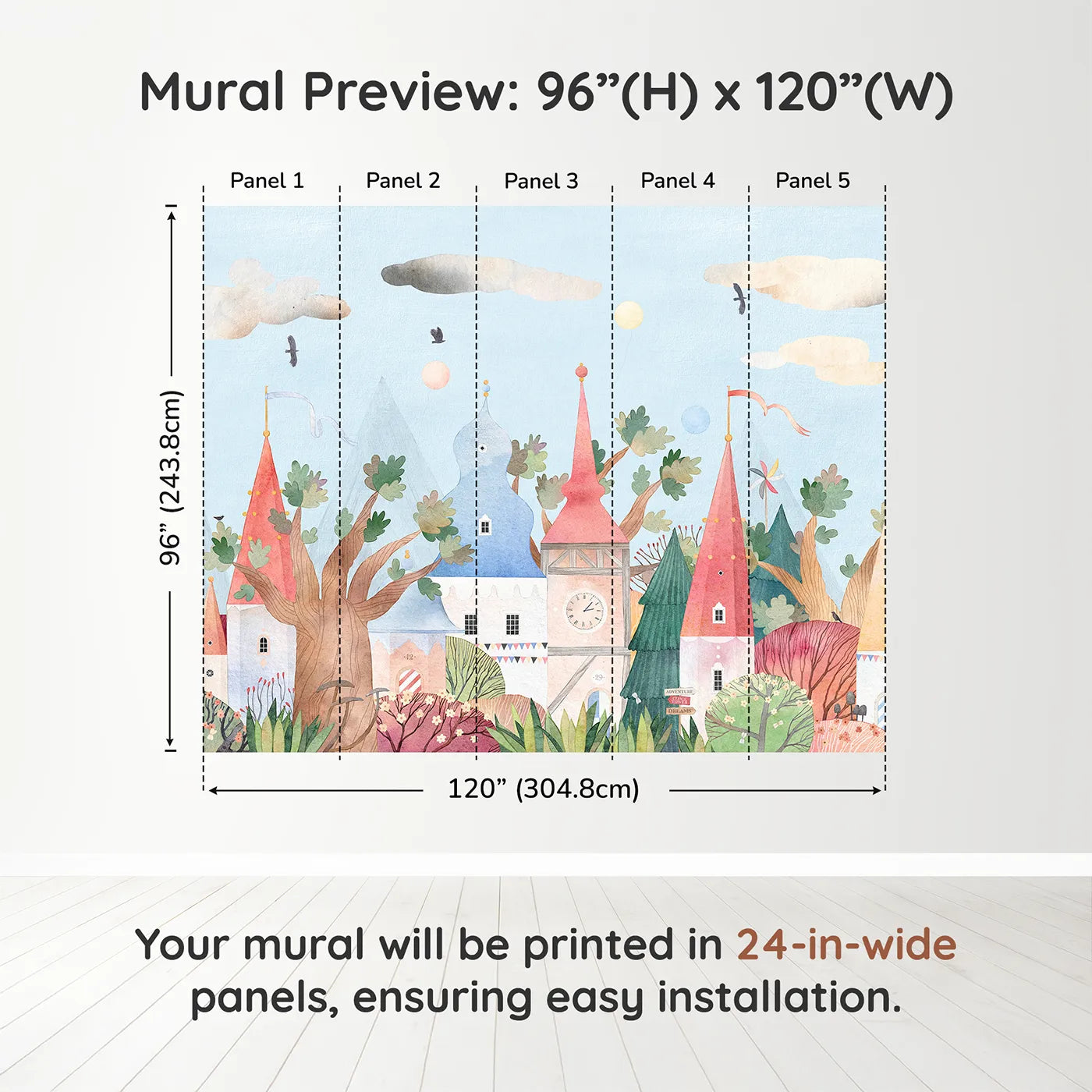 Whimsy Tots Whimsical Village Wall Muraldimension view (96" H x 120" W). Printed in five 24-inch-wide panels. Gender-Neutral