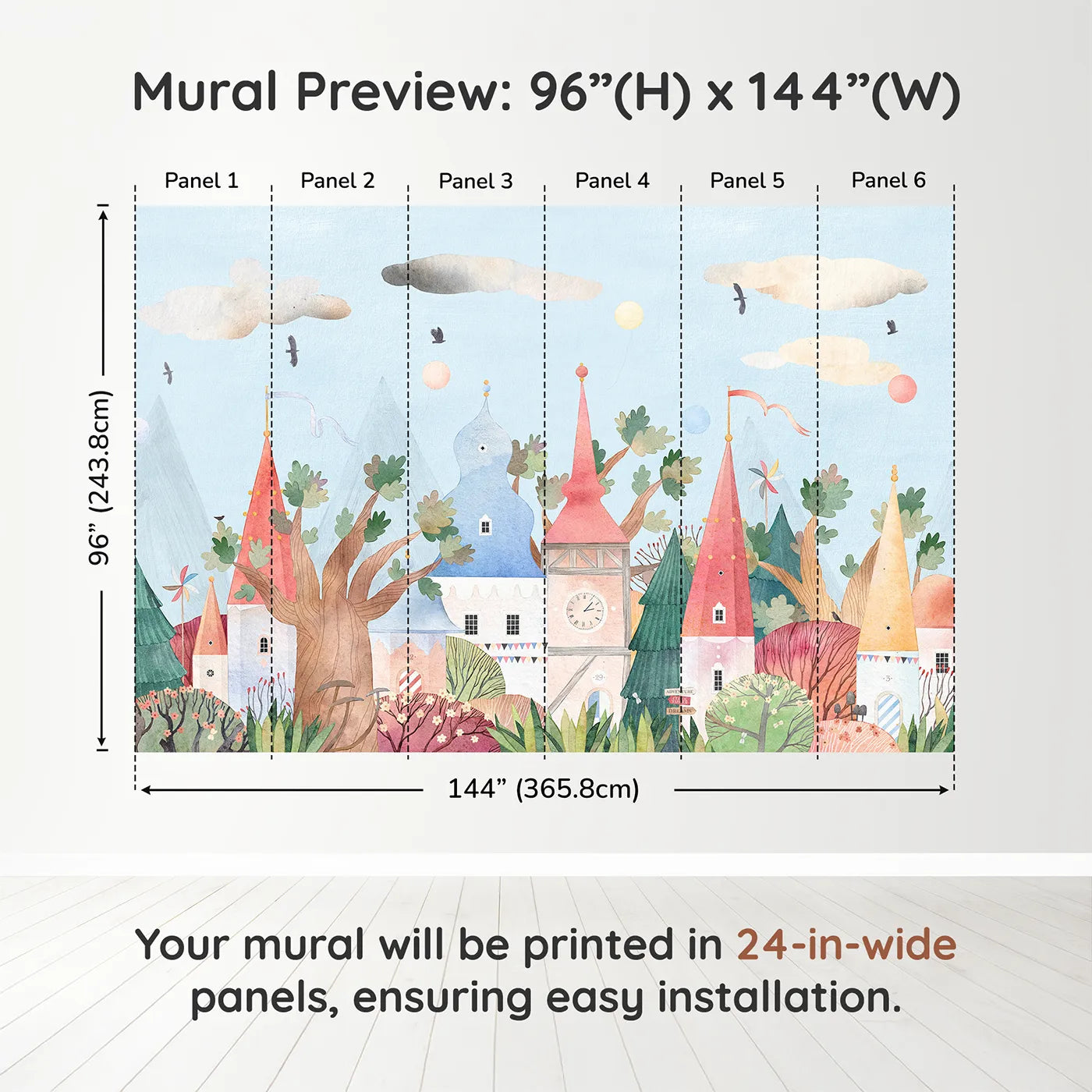 Whimsy Tots Whimsical Village Wall Muraldimension view (96" H x 144" W). Printed in six 24-inch-wide panels. Gender-Neutral