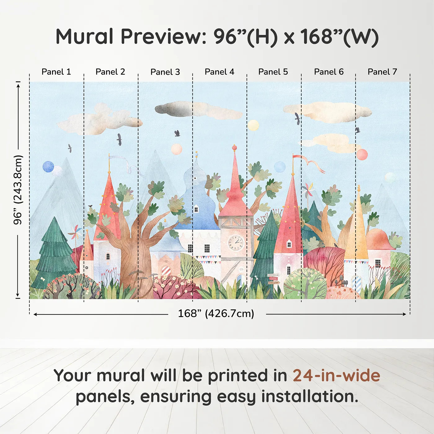 Whimsy Tots Whimsical Village Wall Muraldimension view (96" H x 168" W). Printed in seven 24-inch-wide panels. Gender-Neutral