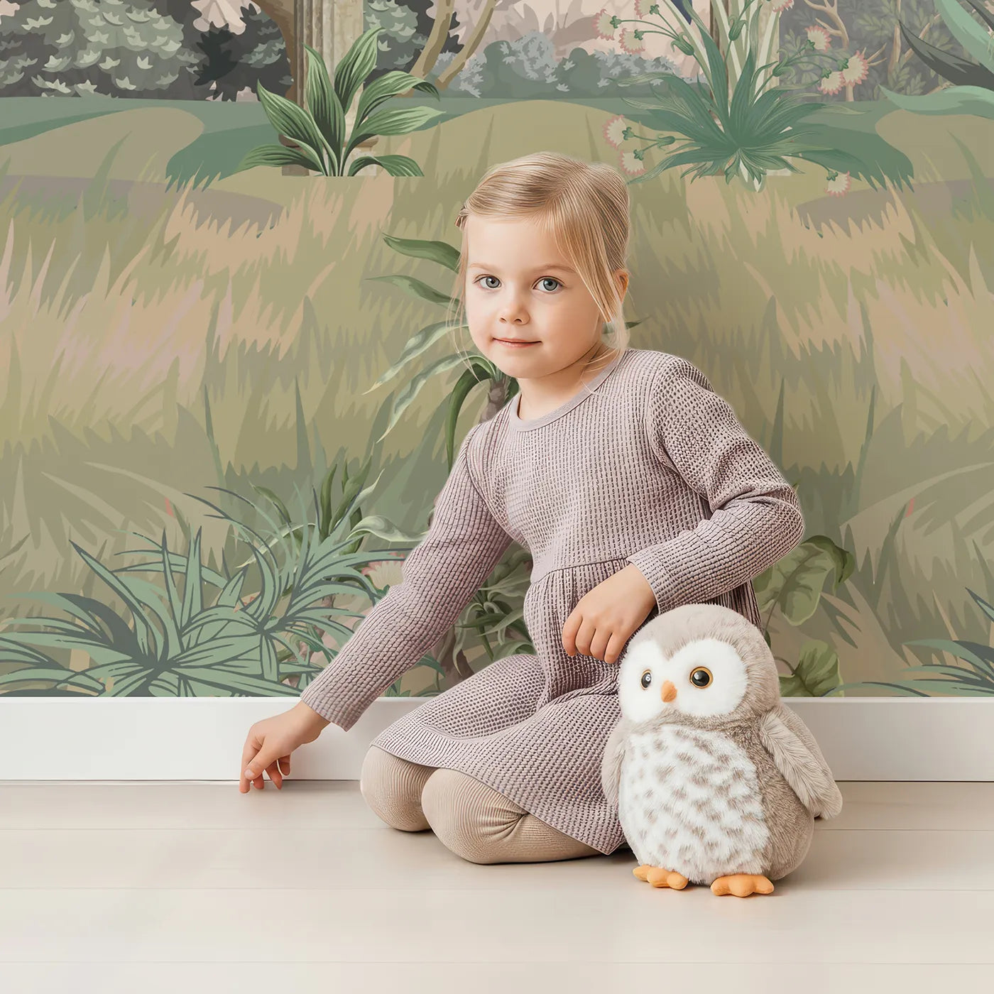Child in front of Whimsy Tots Peacock Palace Wall Mural in Green with chinoiserie, vintage, peacock, bird, exotic, tropical, classic, garden in design.