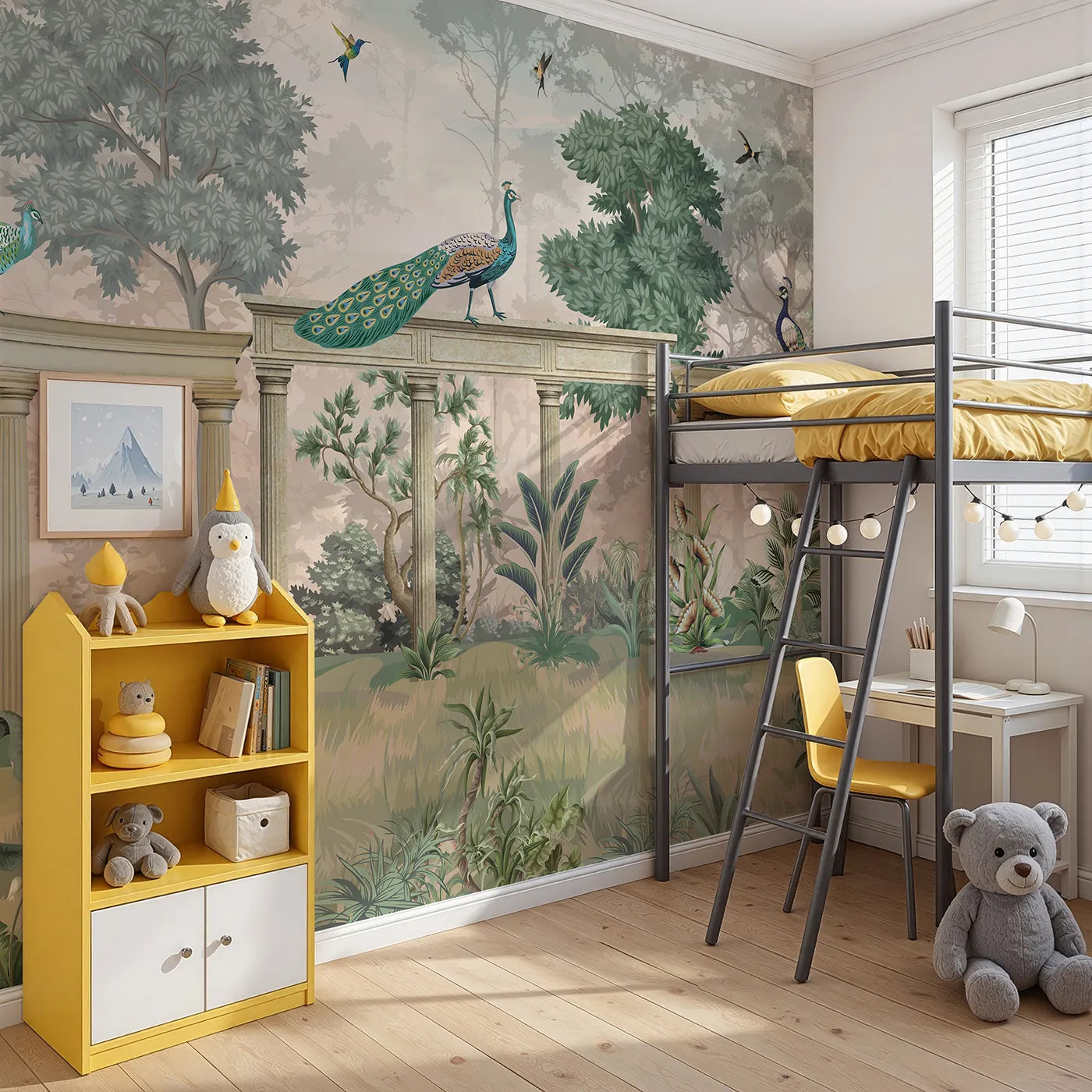 Angled view of Whimsy Tots' Peacock Palace Wall Mural in Green (Turn Their Room into a Grand and Elegant Garden).Gender-Neutral