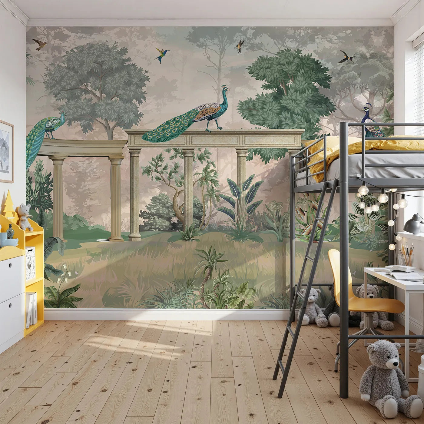 Front view of Whimsy Tots' Peacock Palace Wall Mural in Green