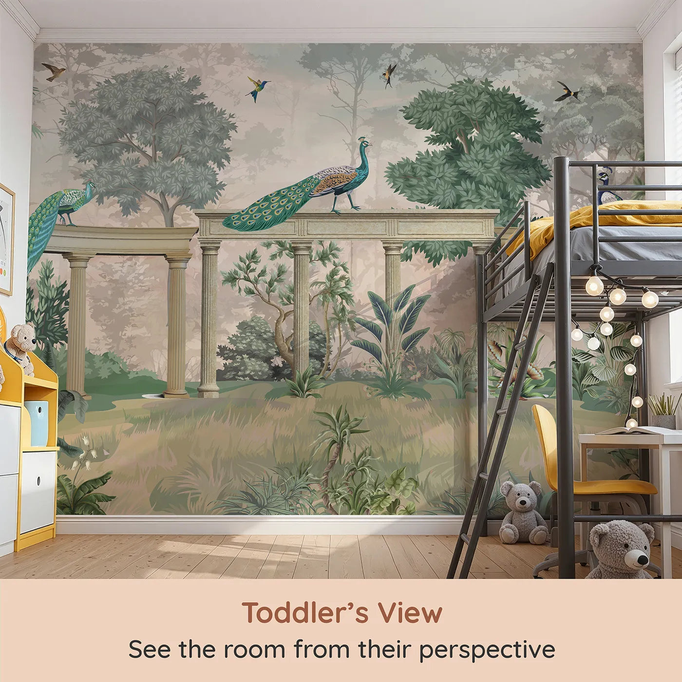 Whimsy Tots Peacock Palace Wall Mural in Green (Turn Their Room into a Grand and Elegant Garden) from your child's view.Gender-Neutral