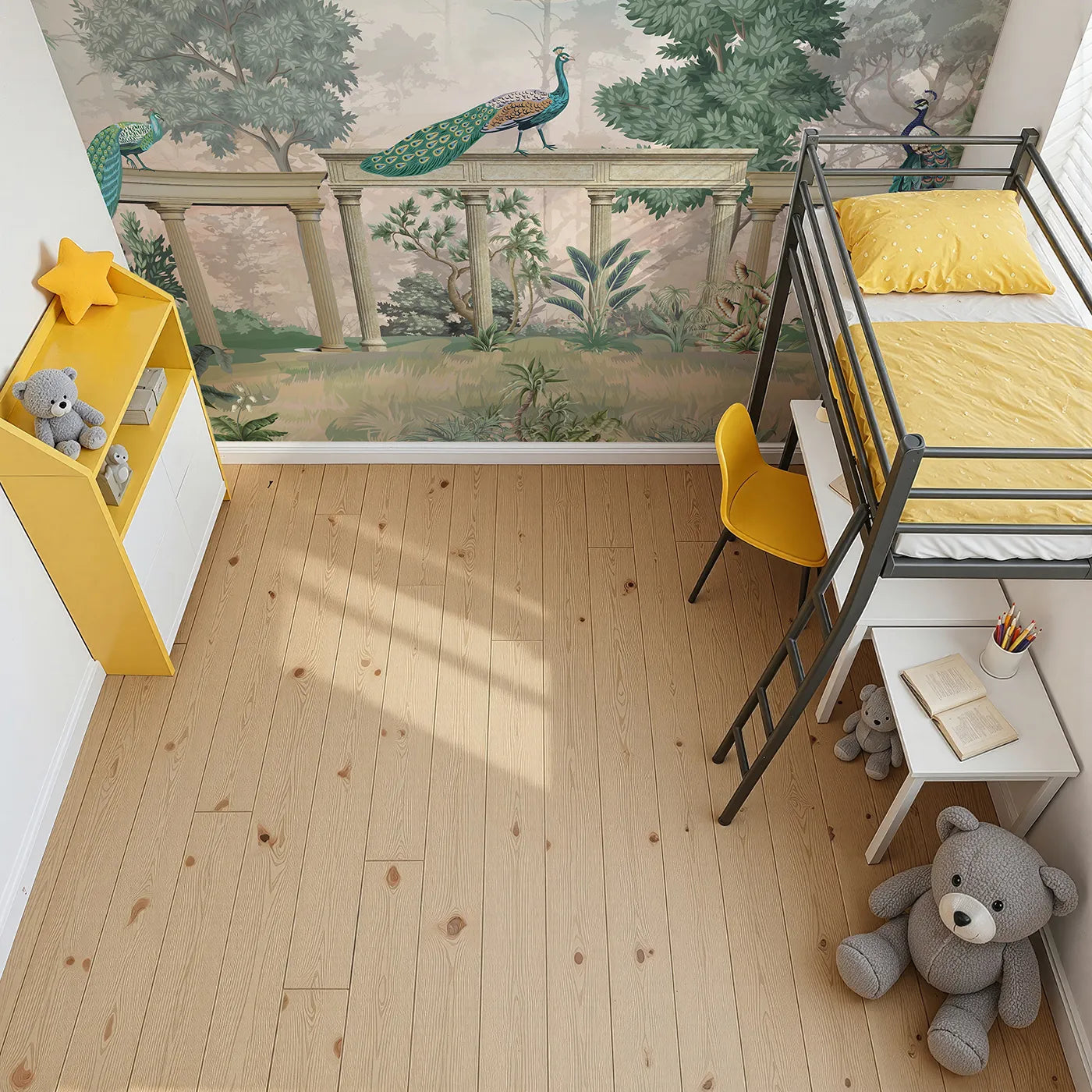 Top-down view of Whimsy Tots' Peacock Palace Wall Mural in Green (Turn Their Room into a Grand and Elegant Garden).Gender-Neutral