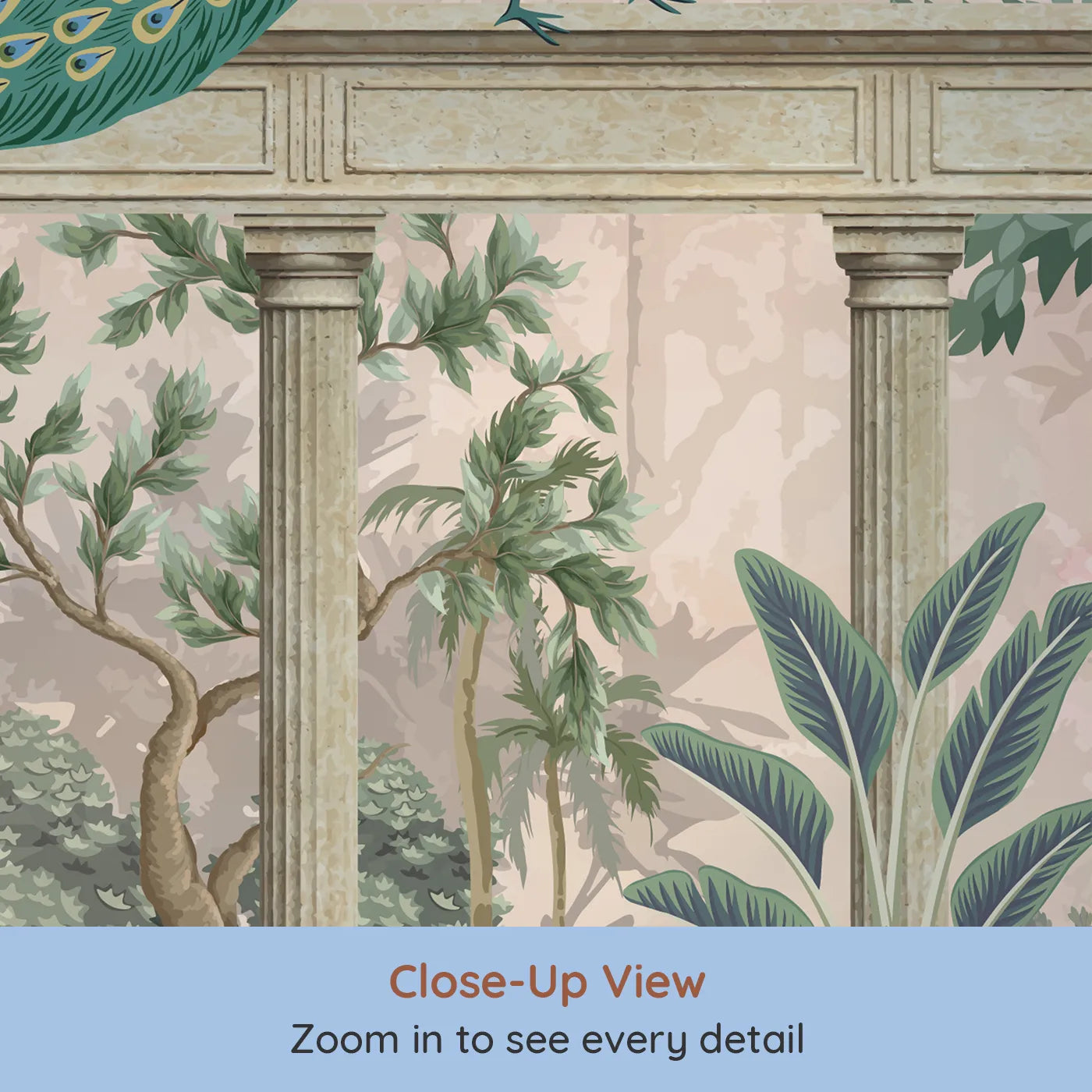 Close-up view of Whimsy Tots' Peacock Palace Wall Mural in Green (Turn Their Room into a Grand and Elegant Garden).Gender-Neutral