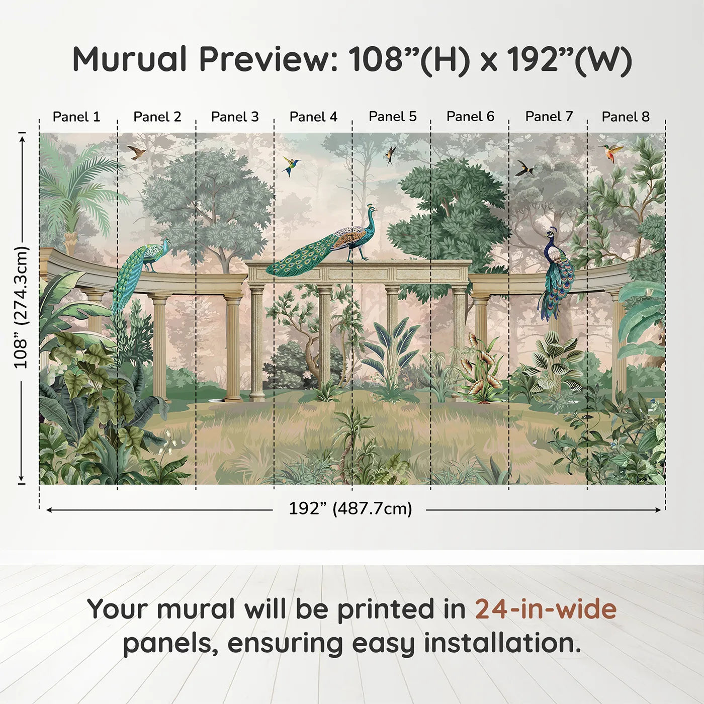 Whimsy Tots Peacock Palace Wall Mural in Greendimension view (108" H x 192" W). Printed in eight 24-inch-wide panels. Gender-Neutral