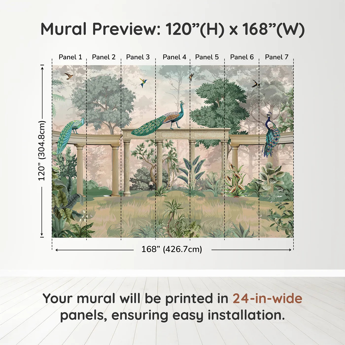 Whimsy Tots Peacock Palace Wall Mural in Greendimension view (120" H x 168" W). Printed in seven 24-inch-wide panels. Gender-Neutral