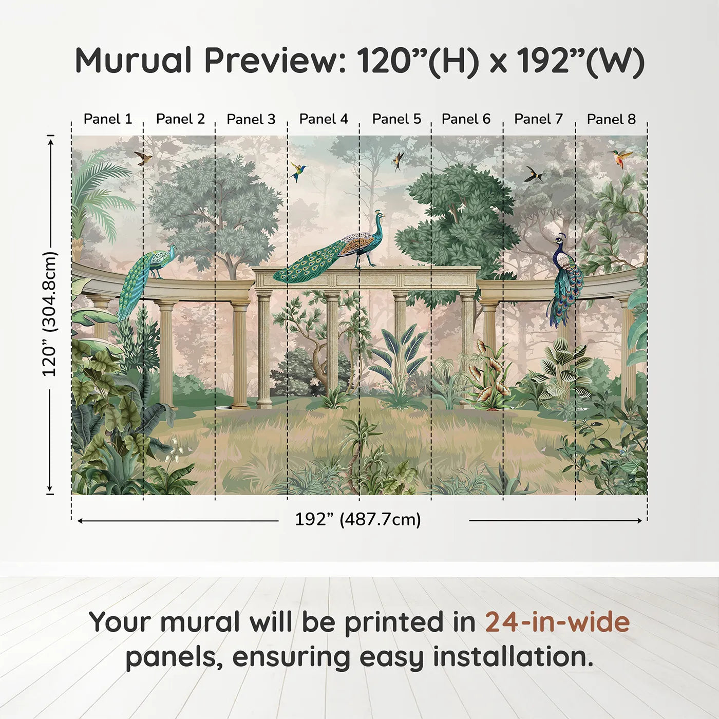 Whimsy Tots Peacock Palace Wall Mural in Greendimension view (120" H x 192" W). Printed in eight 24-inch-wide panels. Gender-Neutral