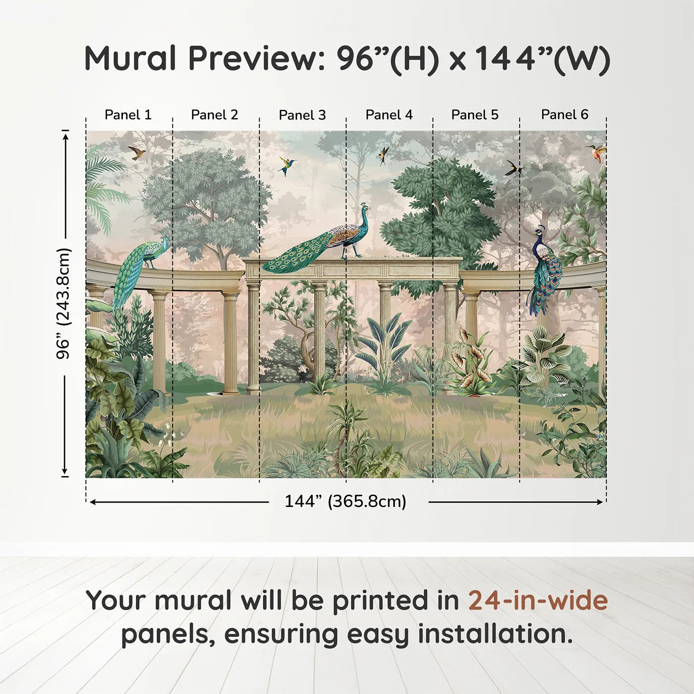 Whimsy Tots Peacock Palace Wall Mural in Greendimension view (96" H x 144" W). Printed in six 24-inch-wide panels. Gender-Neutral