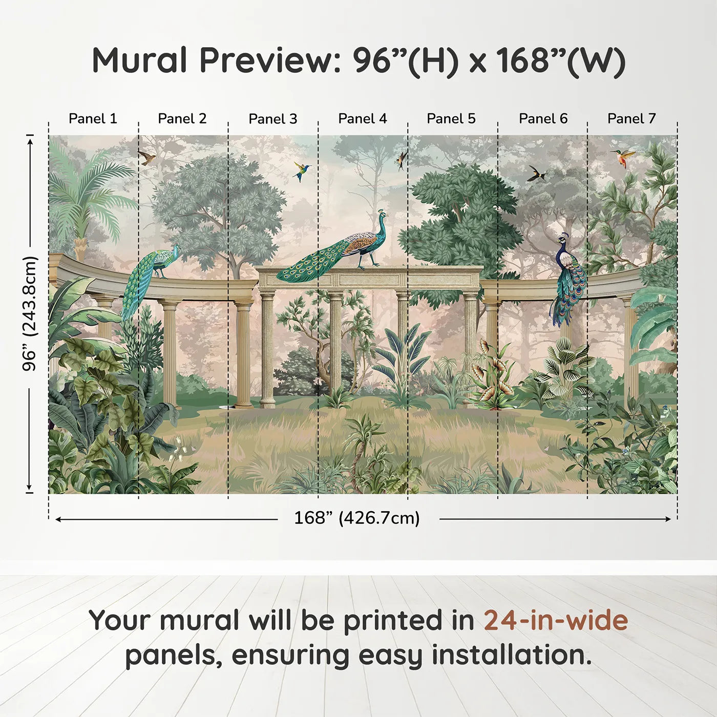 Whimsy Tots Peacock Palace Wall Mural in Greendimension view (96" H x 168" W). Printed in seven 24-inch-wide panels. Gender-Neutral