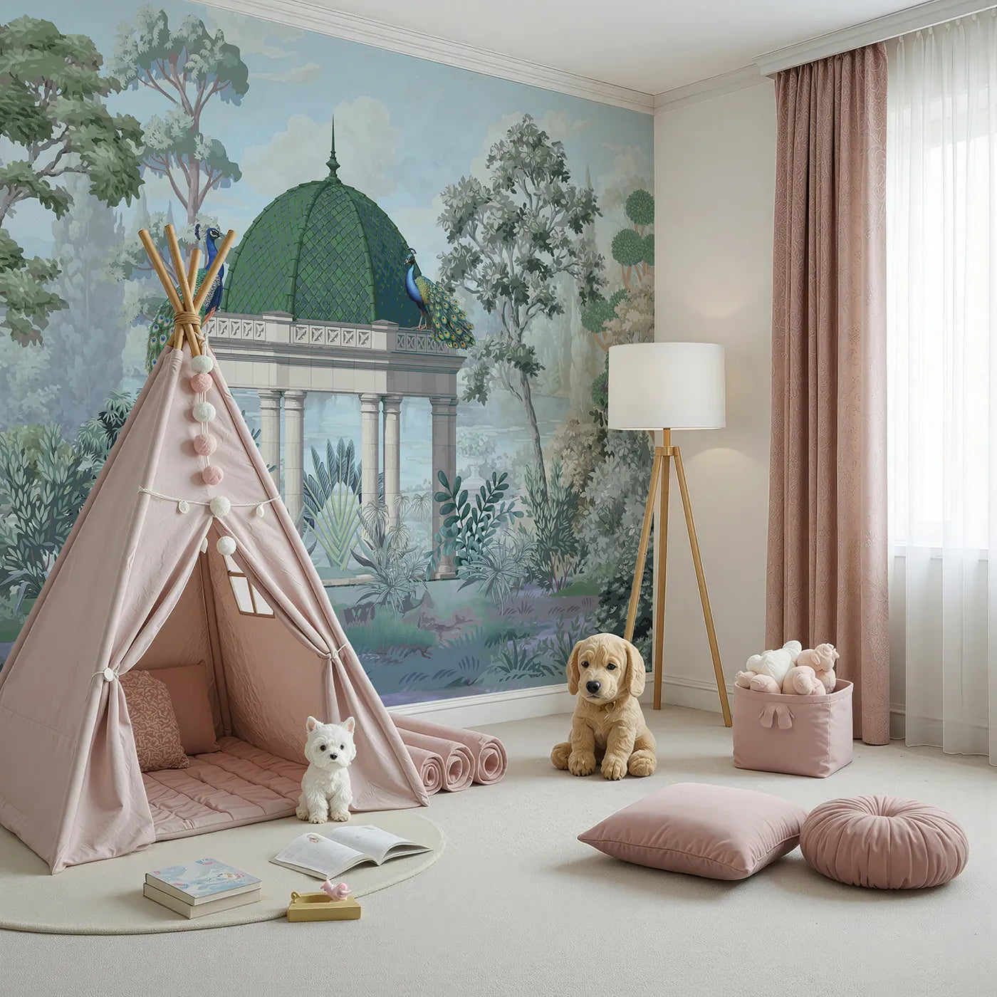 Angled view of Whimsy Tots' Peacock Pavilion Wall Mural (Turn Their Room into a Grand and Elegant Garden).Gender-Neutral