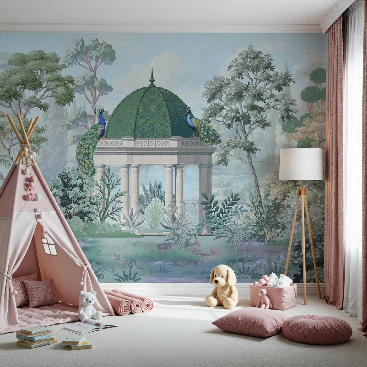 Front view of Whimsy Tots' Peacock Pavilion Wall Mural