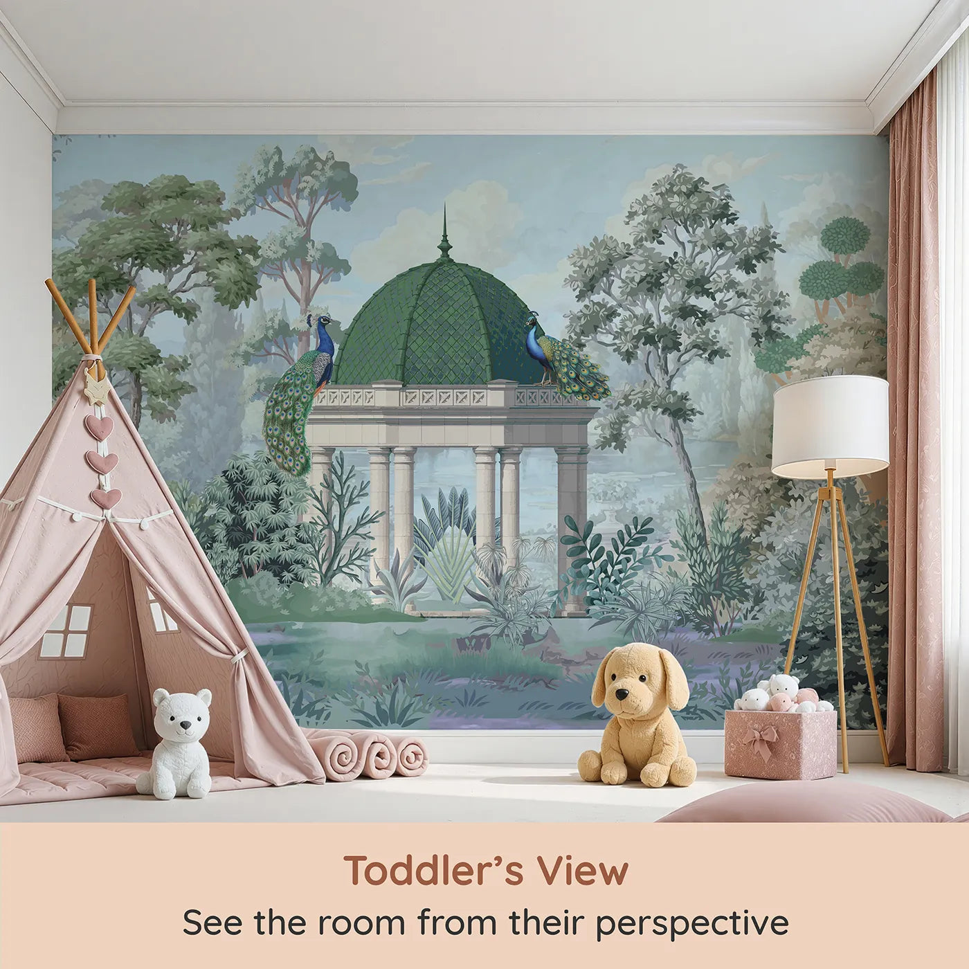 Whimsy Tots Peacock Pavilion Wall Mural (Turn Their Room into a Grand and Elegant Garden) from your child's view.Gender-Neutral
