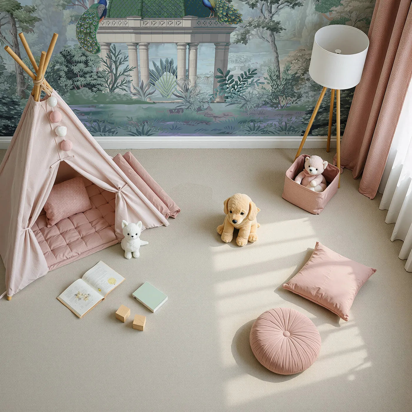Top-down view of Whimsy Tots' Peacock Pavilion Wall Mural (Turn Their Room into a Grand and Elegant Garden).Gender-Neutral