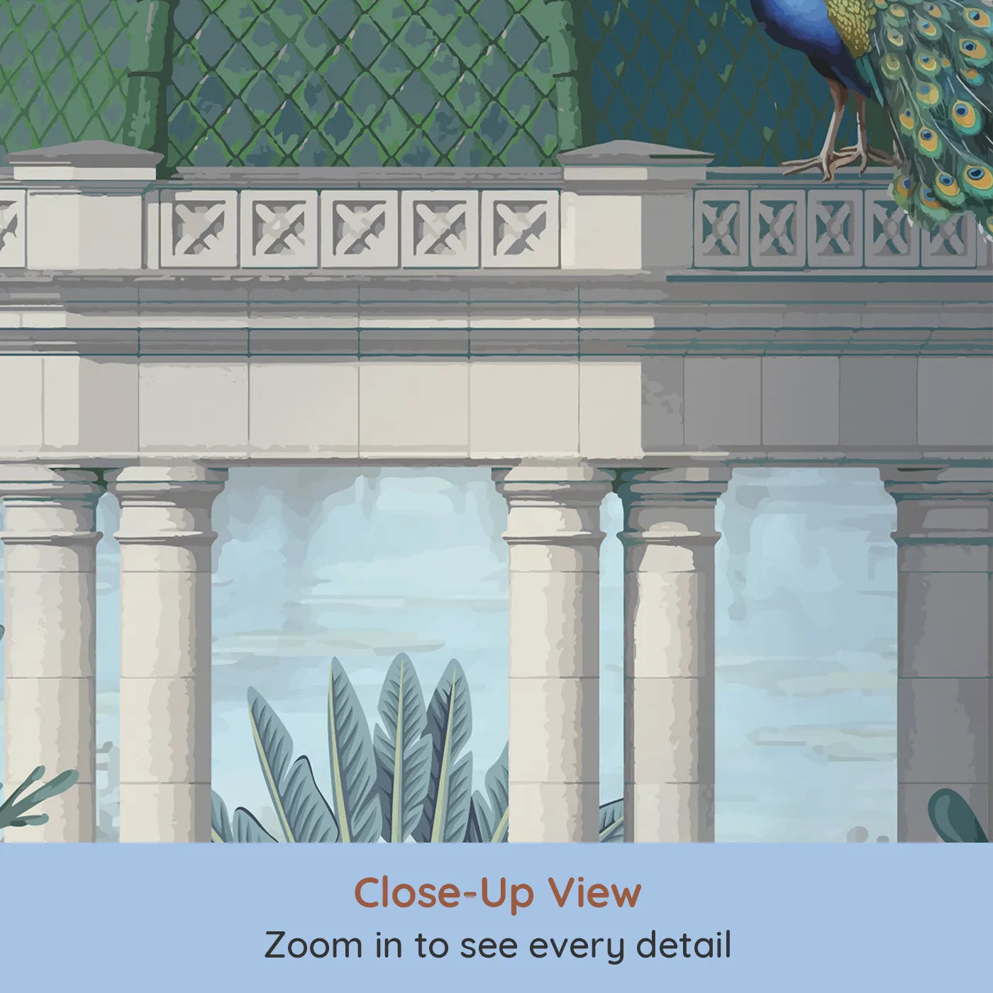 Close-up view of Whimsy Tots' Peacock Pavilion Wall Mural (Turn Their Room into a Grand and Elegant Garden).Gender-Neutral