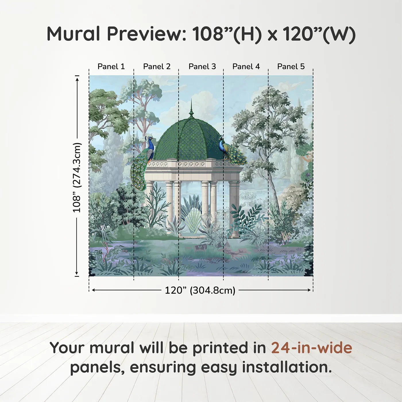 Whimsy Tots Peacock Pavilion Wall Muraldimension view (108" H x 120" W). Printed in five 24-inch-wide panels. Gender-Neutral