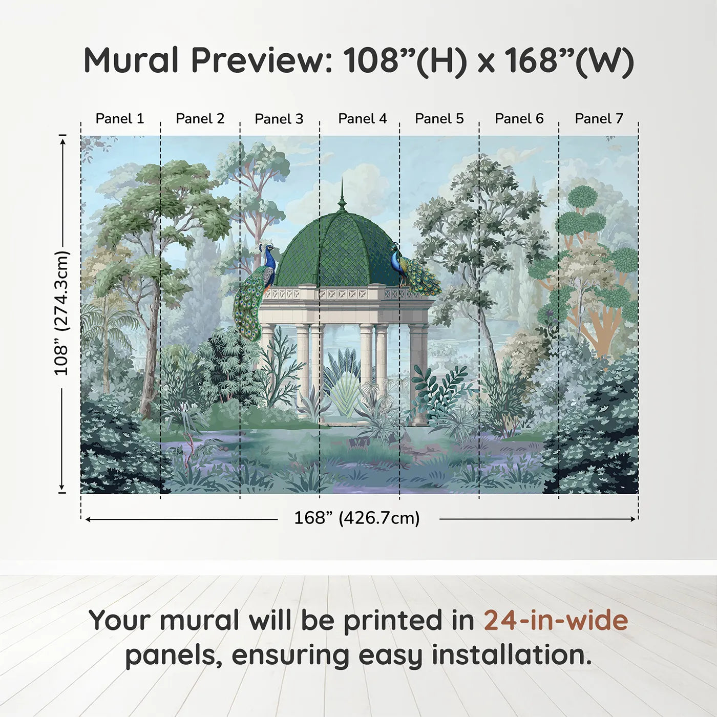 Whimsy Tots Peacock Pavilion Wall Muraldimension view (108" H x 168" W). Printed in seven 24-inch-wide panels. Gender-Neutral
