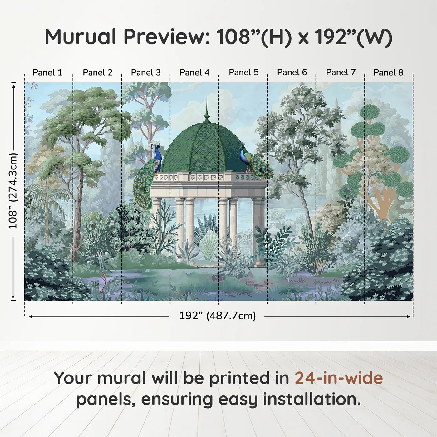 Whimsy Tots Peacock Pavilion Wall Muraldimension view (108" H x 192" W). Printed in eight 24-inch-wide panels. Gender-Neutral